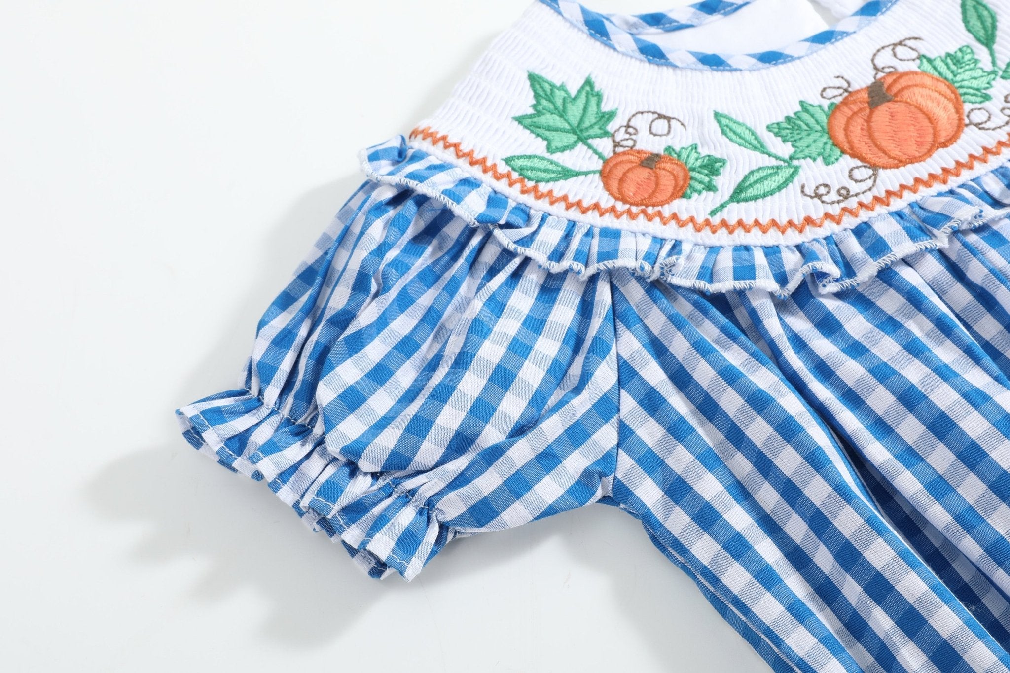 Blue Gingham Pumpkin Smocked Ruffle Romper