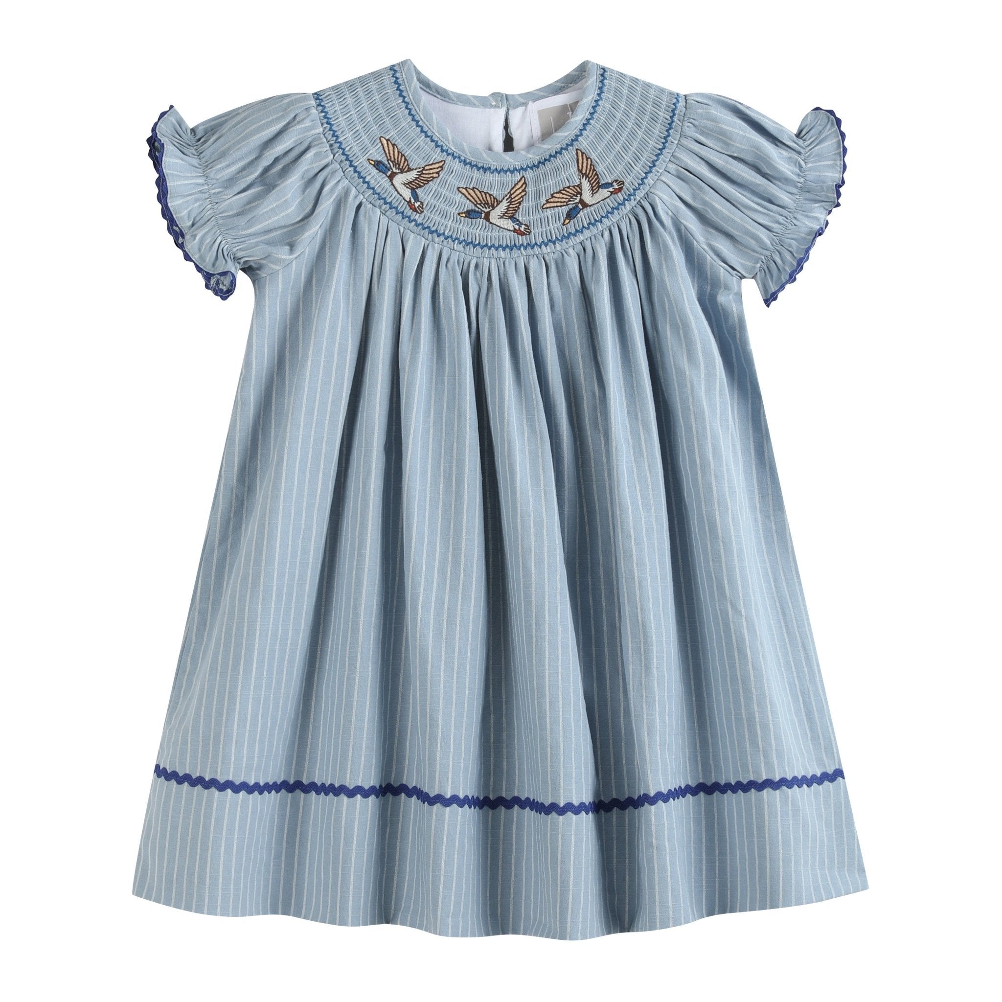 Blue Pinstripe Mallard Duck Smocked Bishop Dress