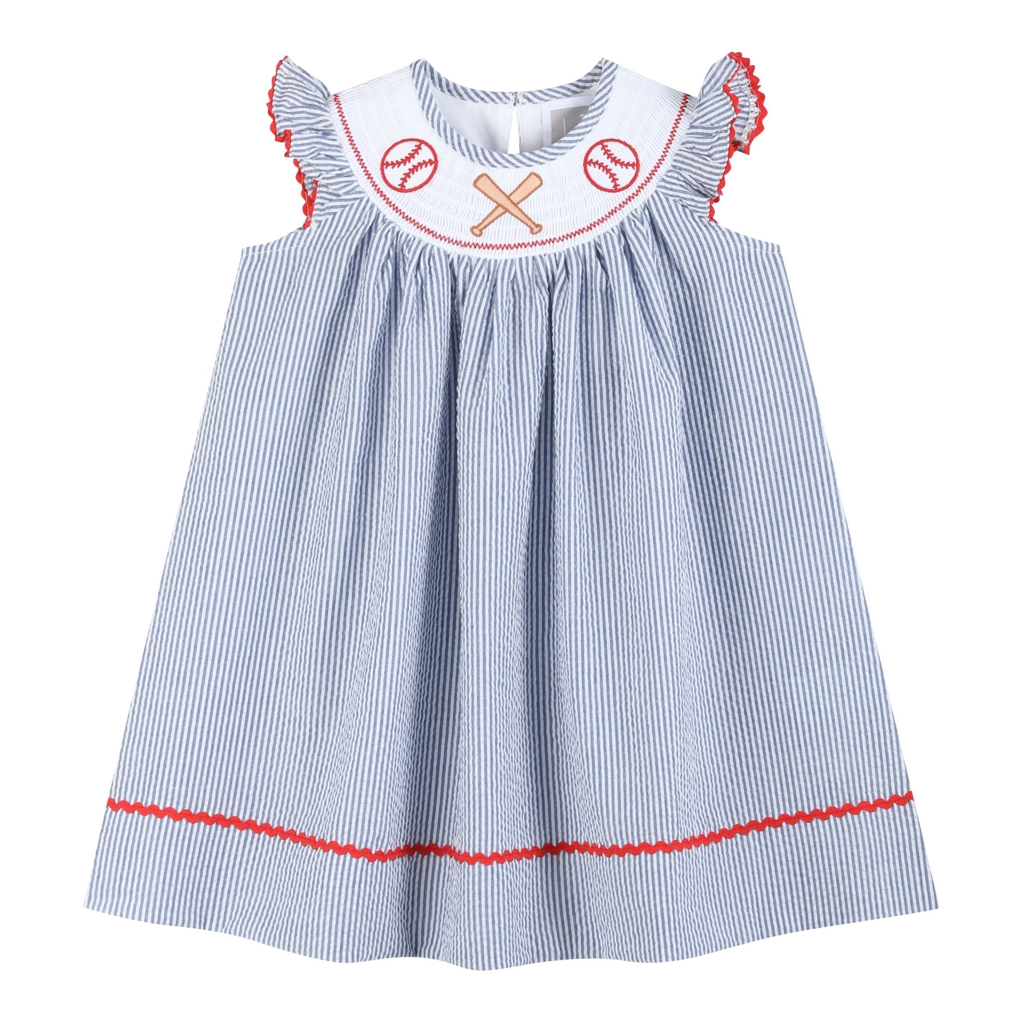 Blue Seersucker Baseball Smocked Bishop Dress