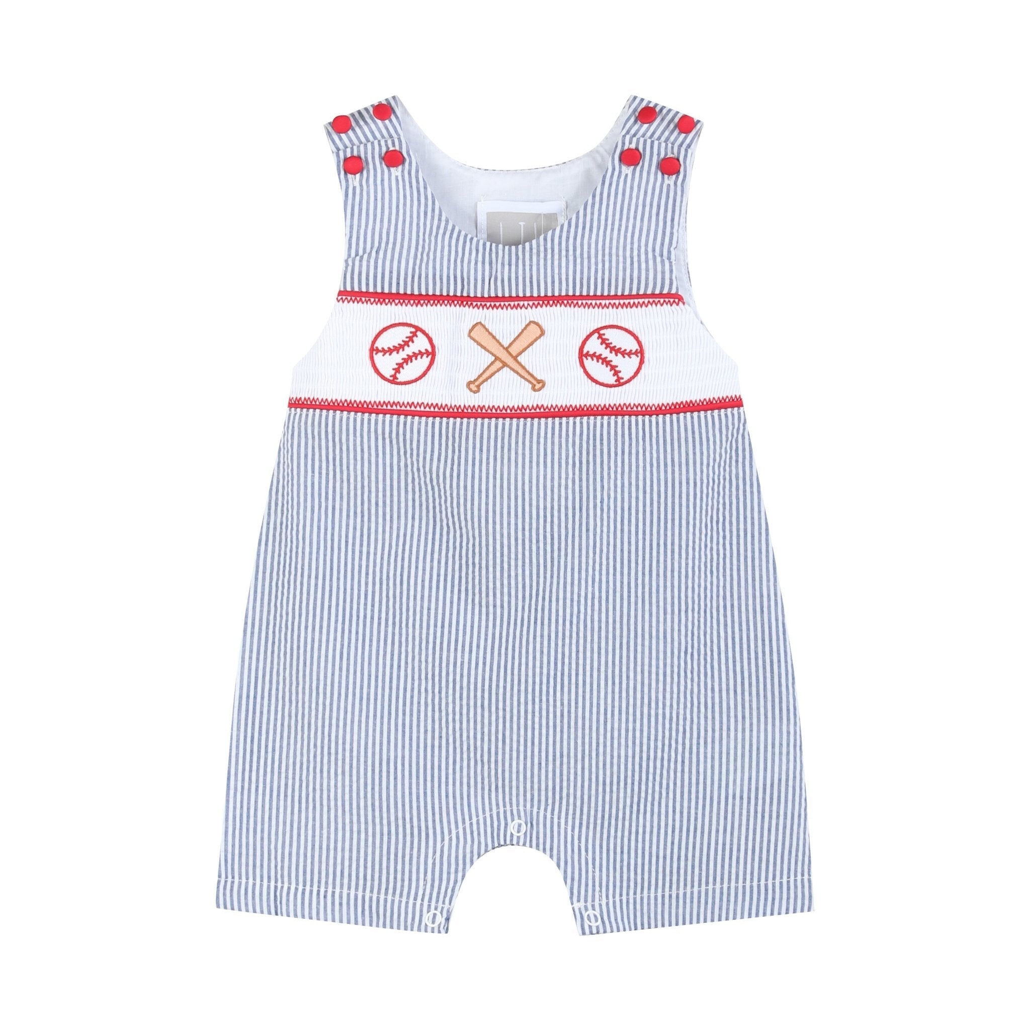 Blue Seersucker Baseball Smocked Shortalls