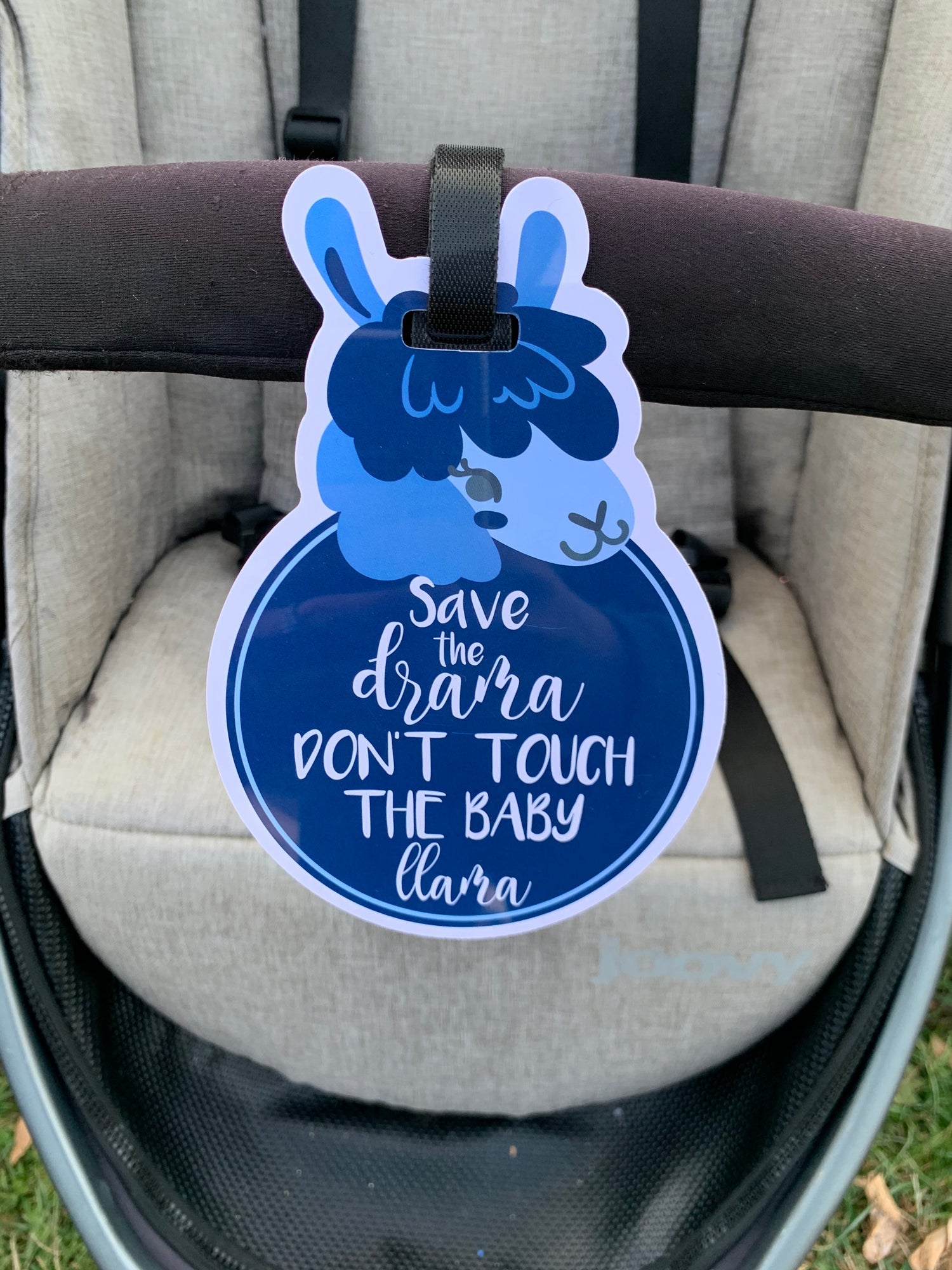 Blue Llama No Touching Baby Car Seat Tag
