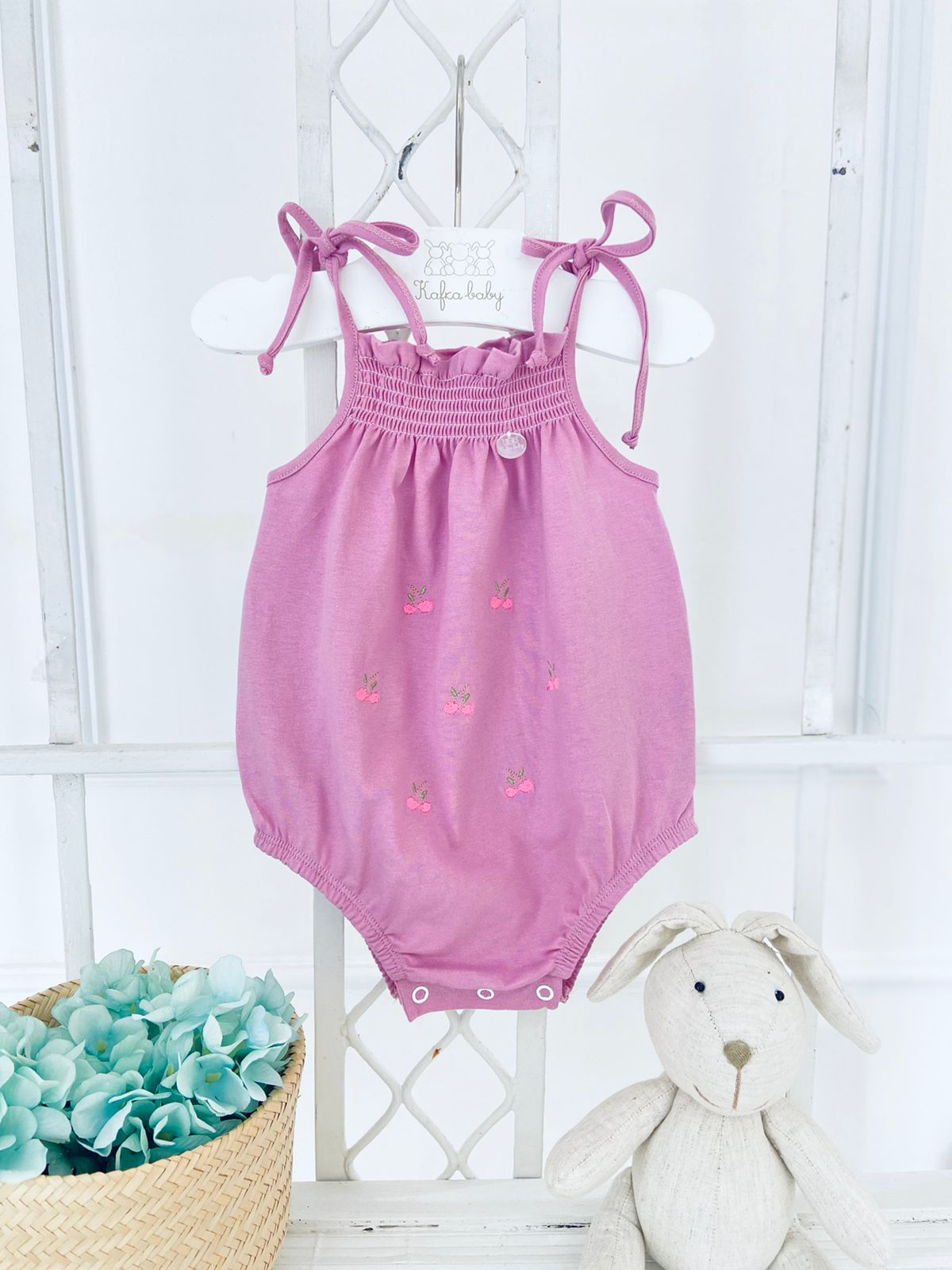 Smocked Bubble With Embroidered Cherries