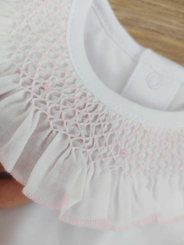 Smocked Long Sleeve Bodysuit, White & Pink