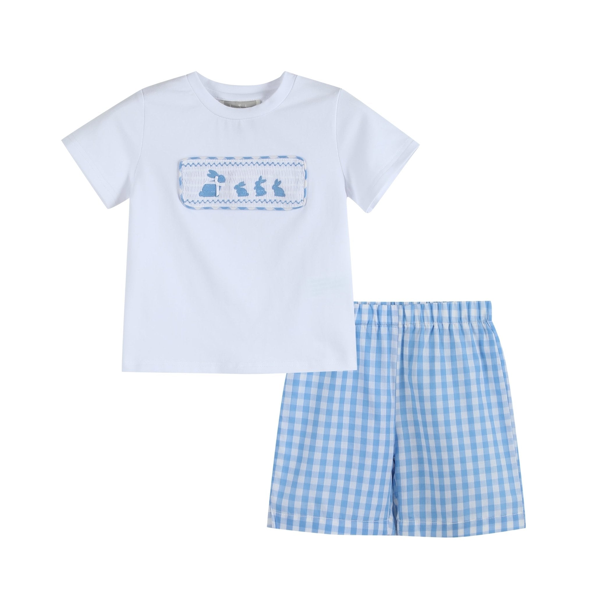 Bunny Family Smocked Tee And Blue Gingham Shorts Set