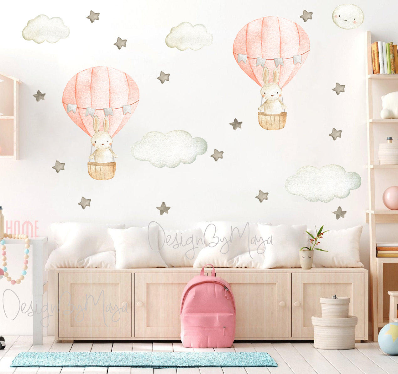 Baby Animal Inside Hot Air Balloon - Fabric Nursery Wall Art Decals