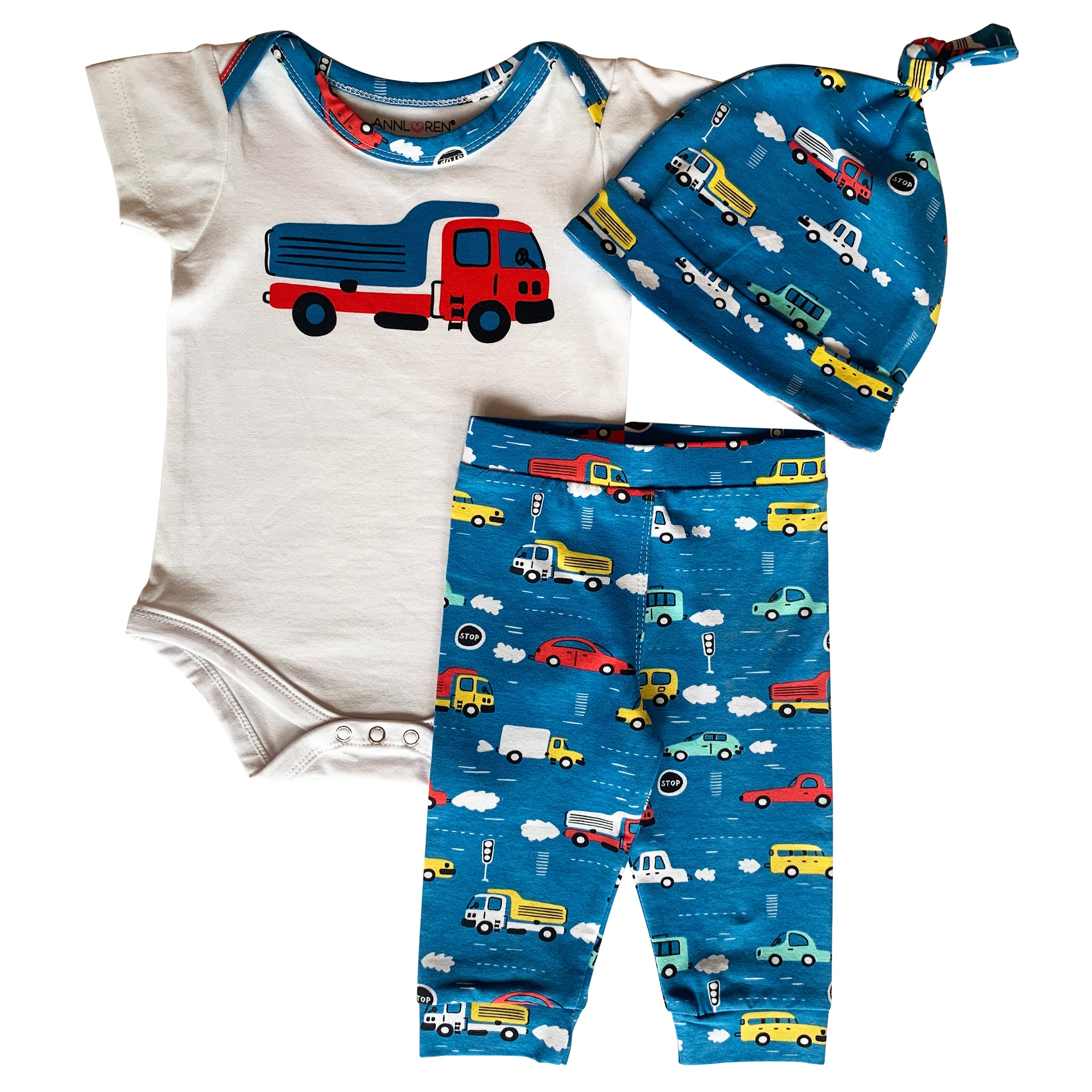 Annloren Baby Boys Layette Cars Trucks Onesie Pants Cap 3pc Gift Set Clothing