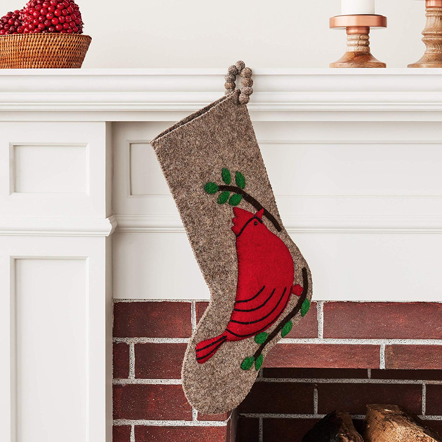 Cardinal Christmas Stocking Hand Felted Wool Gray