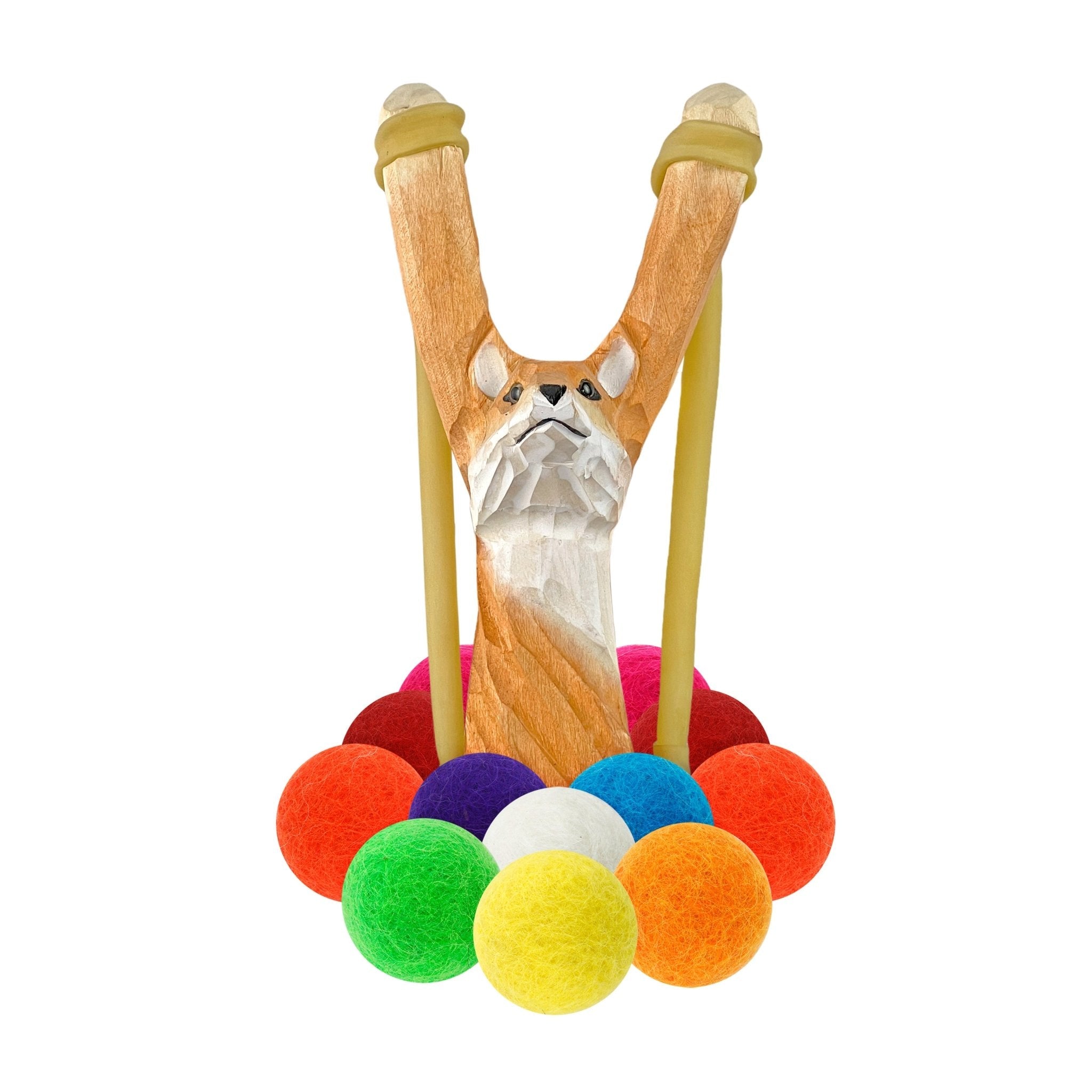 Wooden Fox Slingshot + Felt Ammo