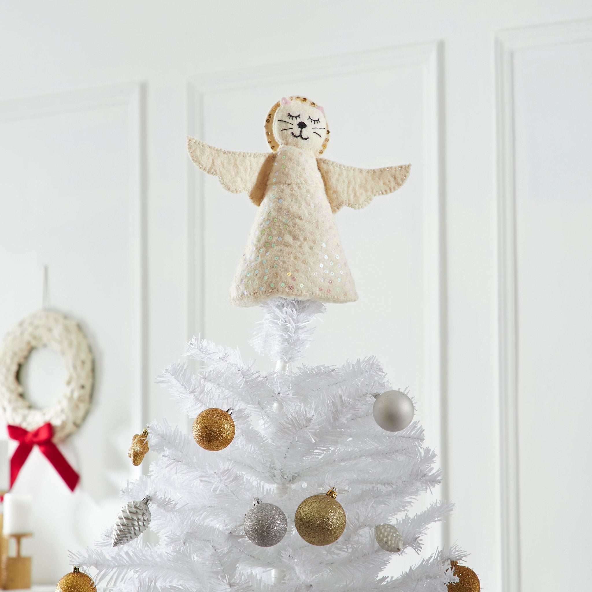 Handmade Cat Angel Felt Christmas Tree Topper Cream