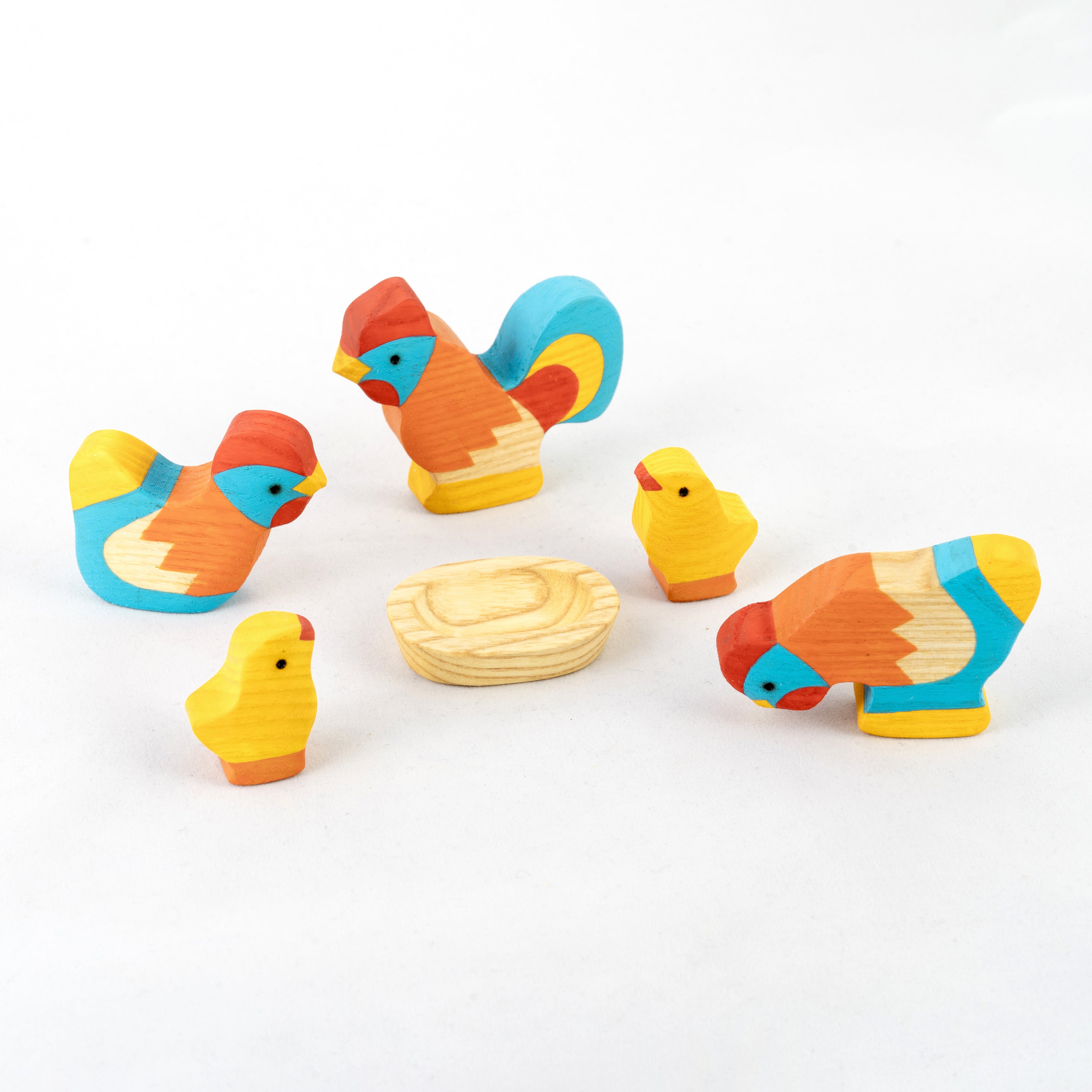 Waldorf Wooden Rooster With Chickens Set Painted- 5 Pieces