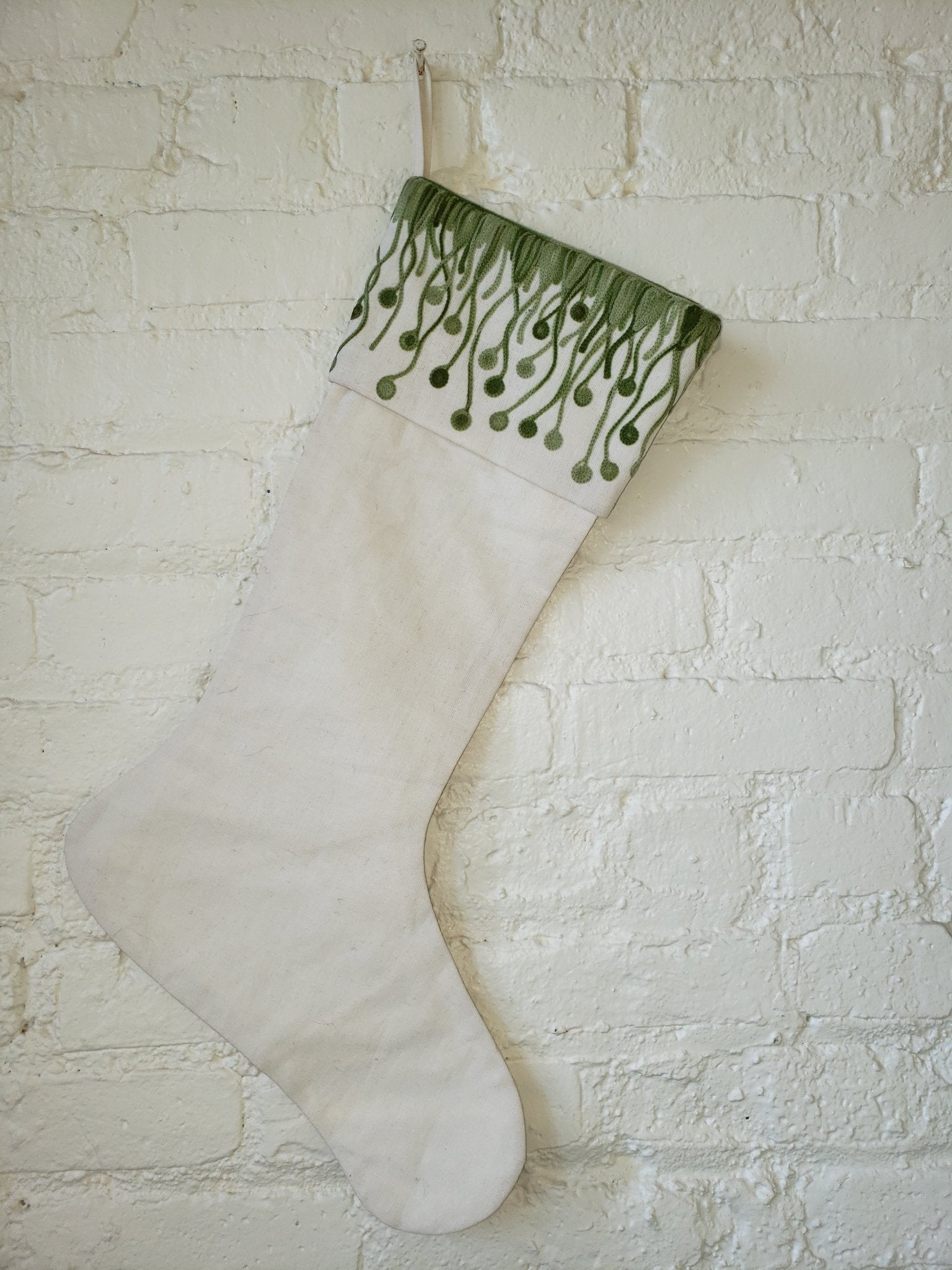 Christmas Stocking Flora Embroidered Cuff - Green And Cream- Linen