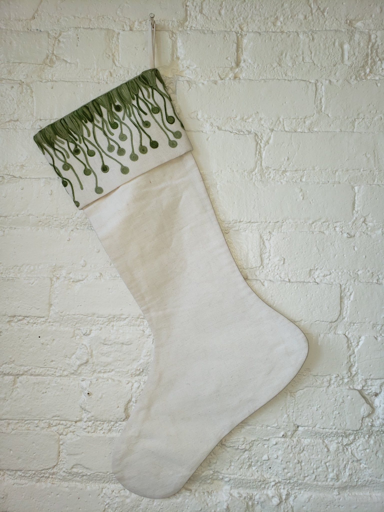 Christmas Stocking Flora Embroidered Cuff - Green And Cream- Linen