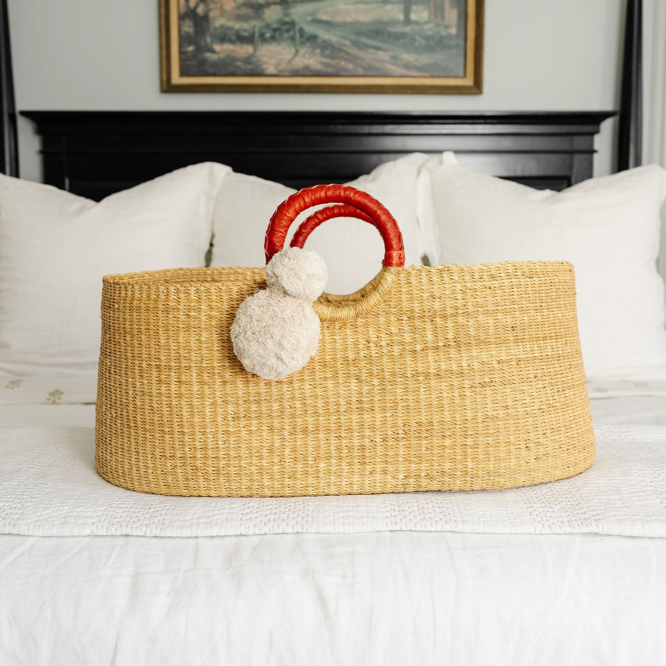 African Moses Basket <br>cognac Circle Handle