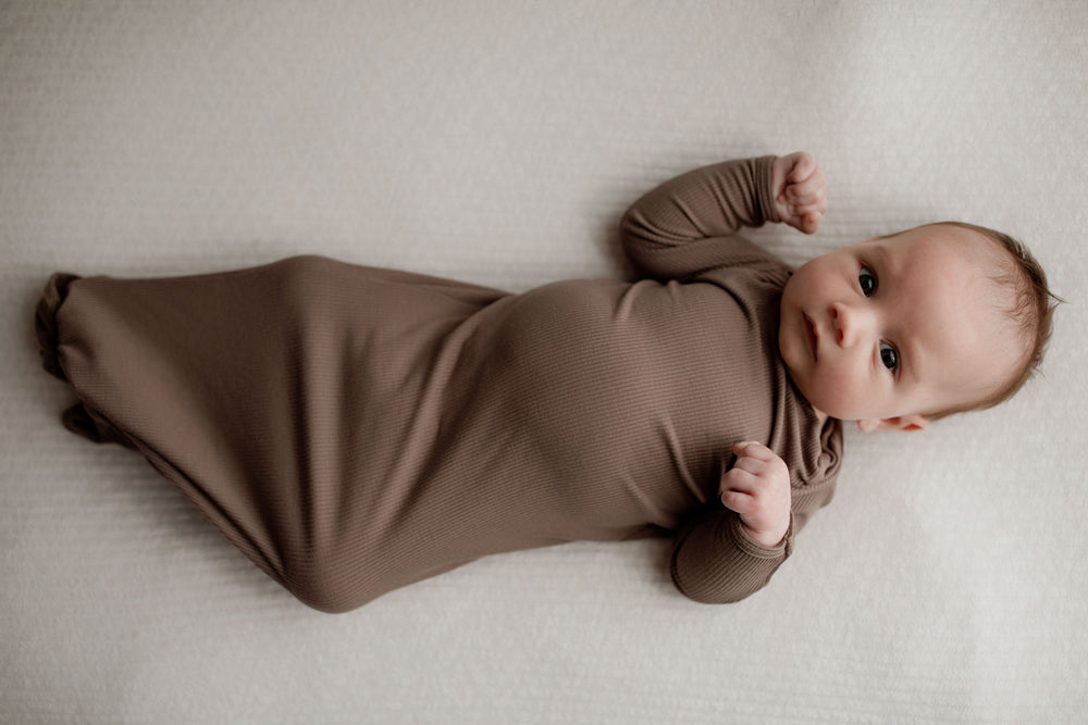 Cocoa Brown Ribbed Knotted Newborn Baby Gown