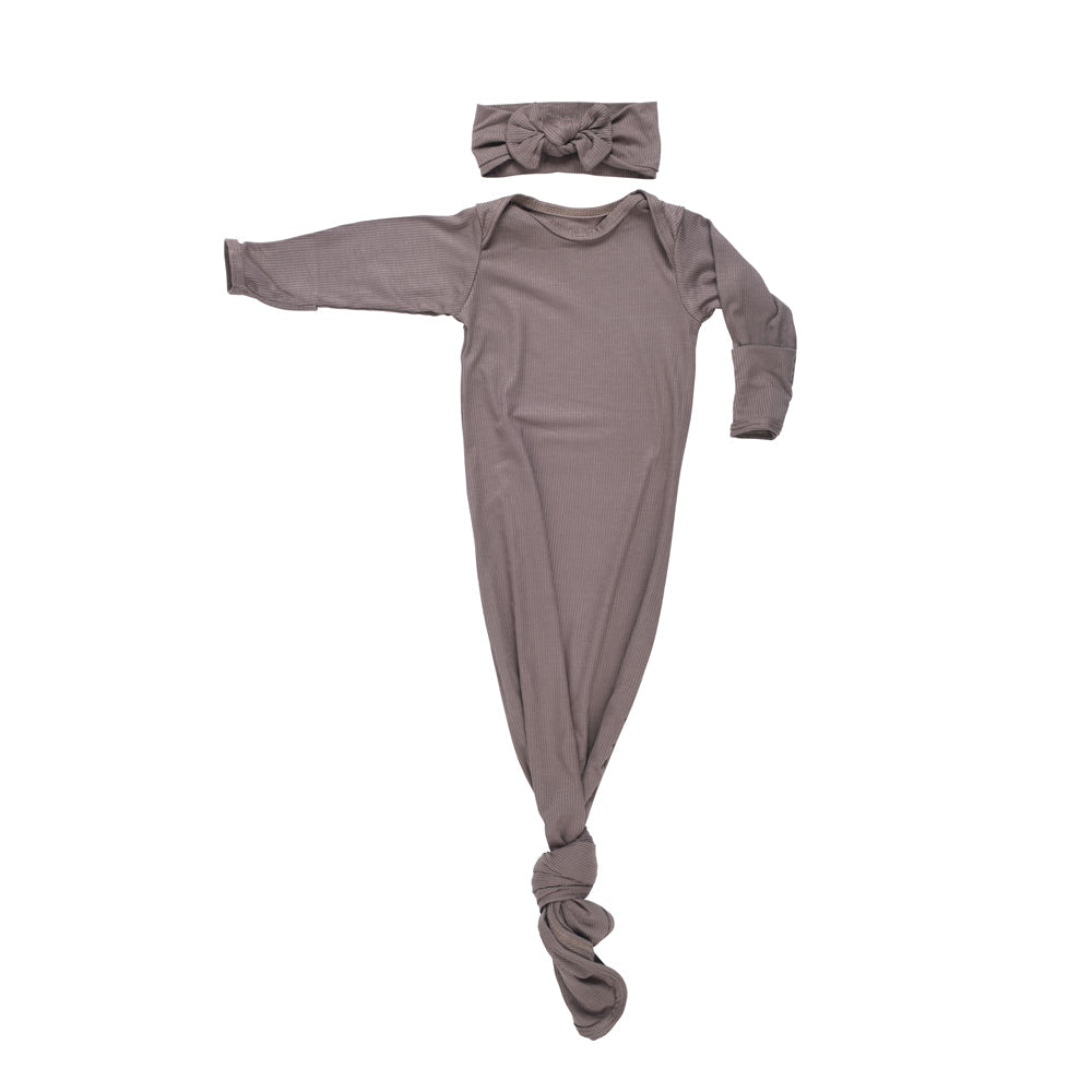 Cocoa Brown Ribbed Knotted Newborn Baby Gown