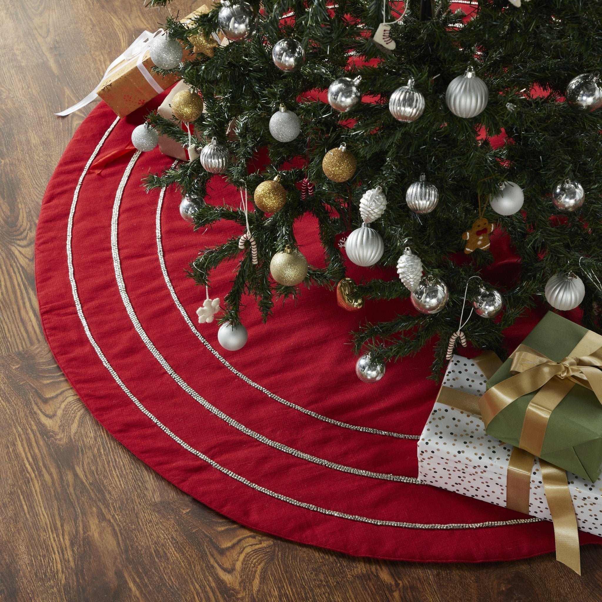 Handmade Concentric Nailhead Circles Red Linen Christmas Tree Skirt 60"