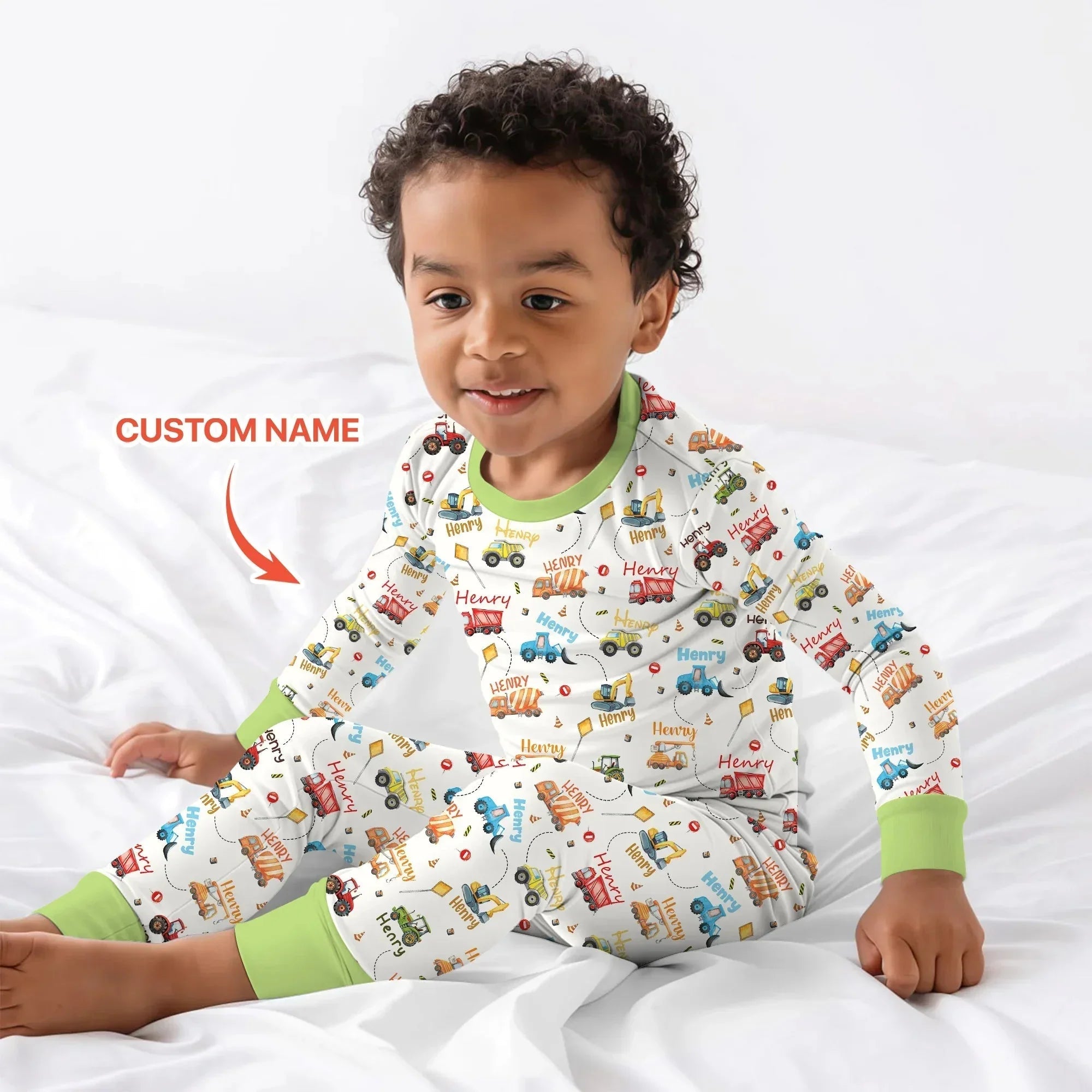 Construction Vehicles Custom Name Bamboo Two Piece Long Sleeve Pajama Set