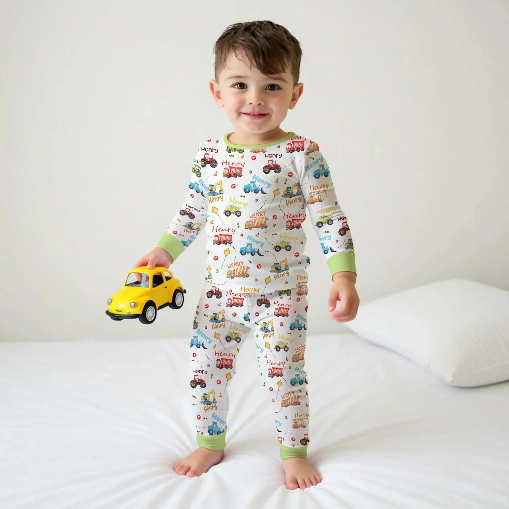 Construction Vehicles Custom Name Bamboo Two Piece Long Sleeve Pajama Set