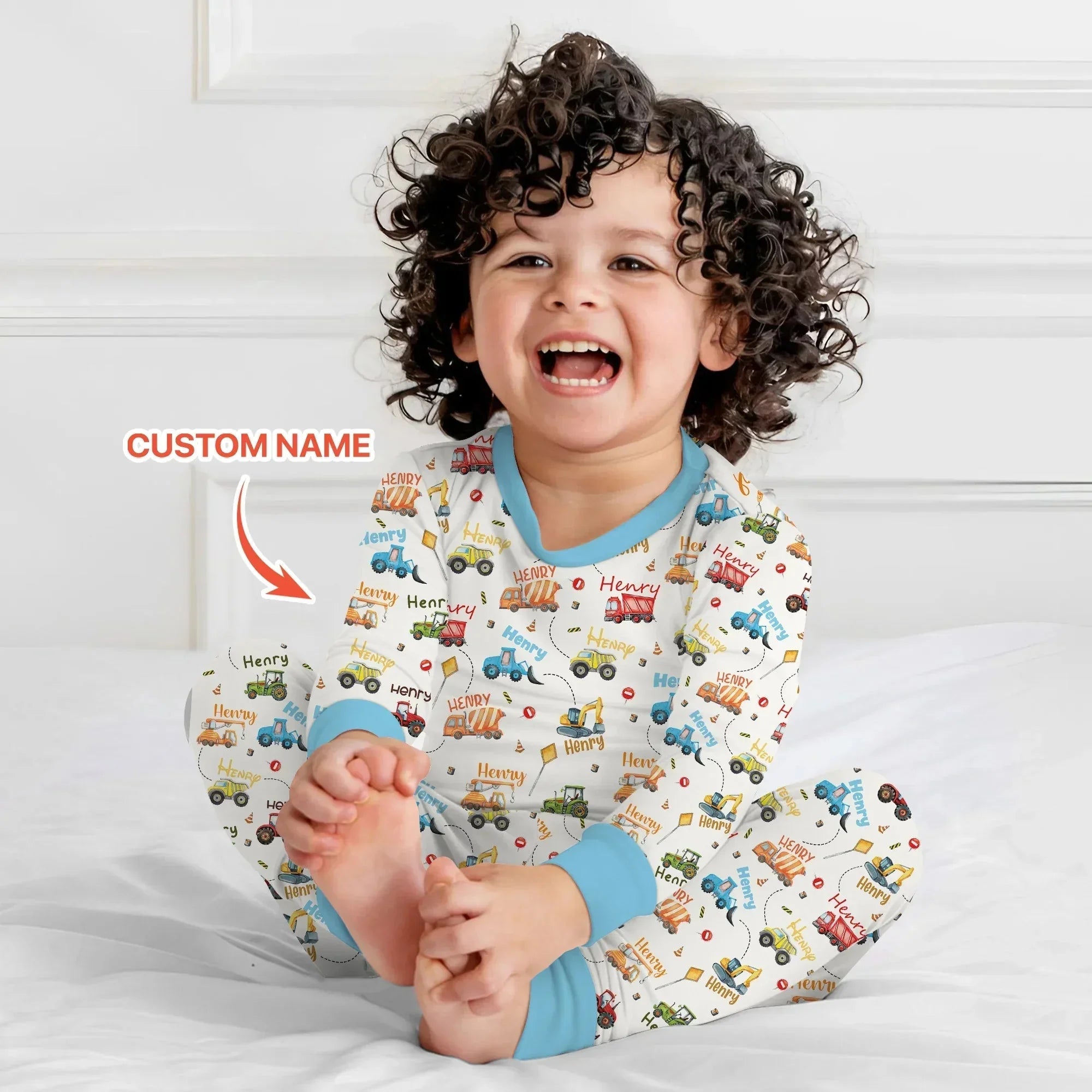 Construction Vehicles Custom Name Bamboo Two Piece Long Sleeve Pajama Set