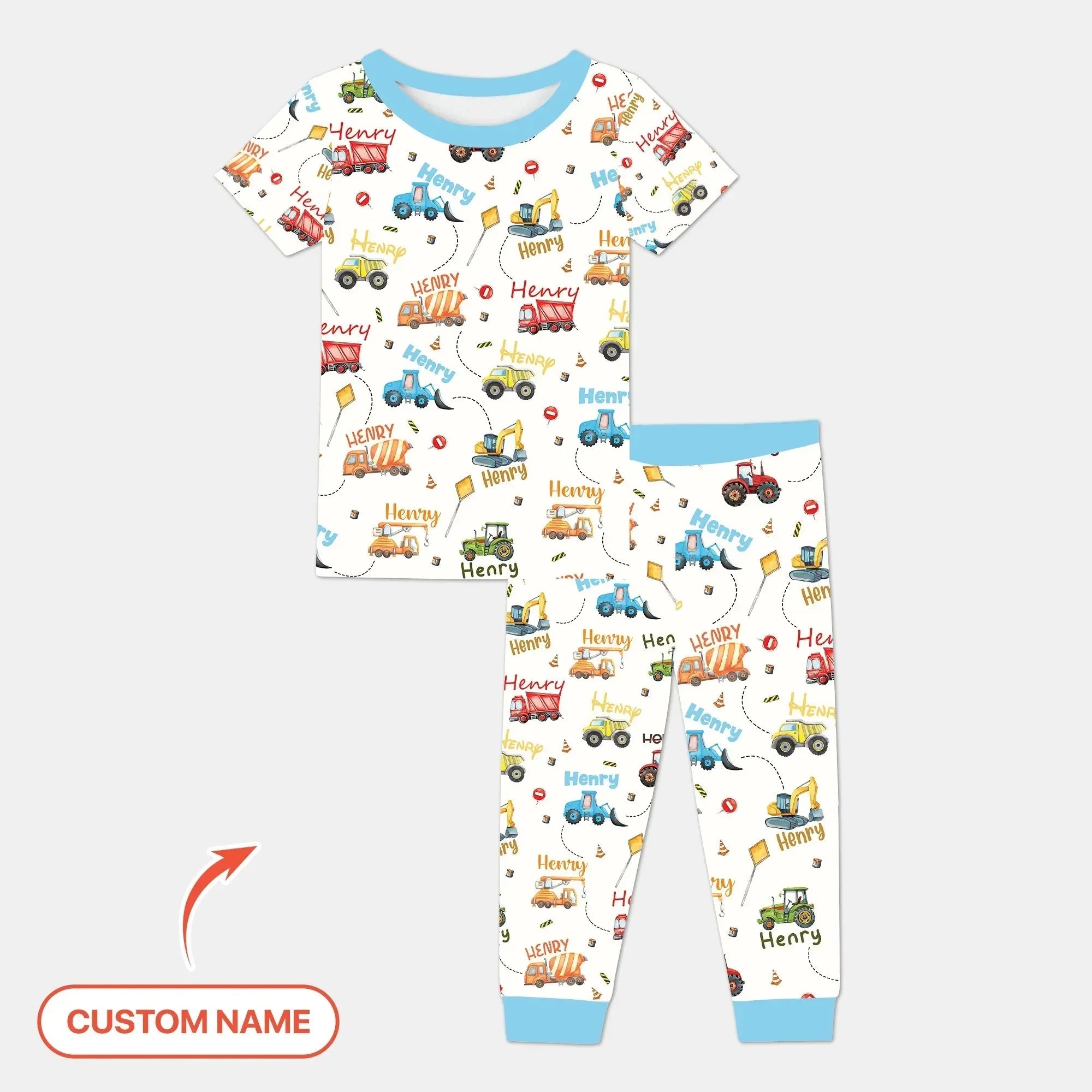 Construction Vehicles Custom Name Bamboo Two Piece Short Sleeve Pajama Set