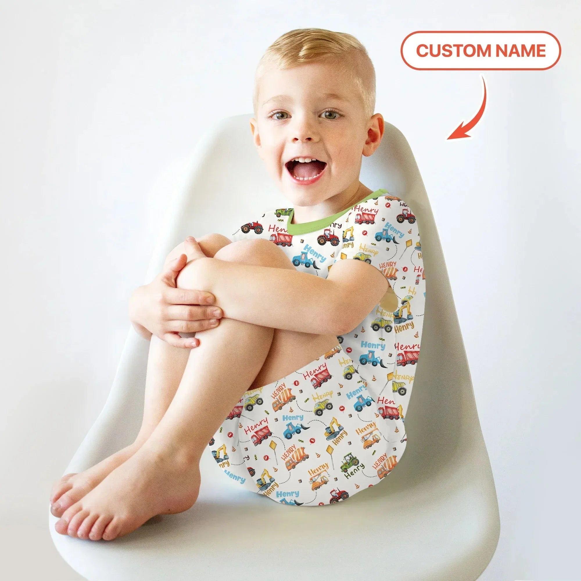 Construction Vehicles Custom Name Bamboo Two Piece Short Sleeve Shorts Pajama Set