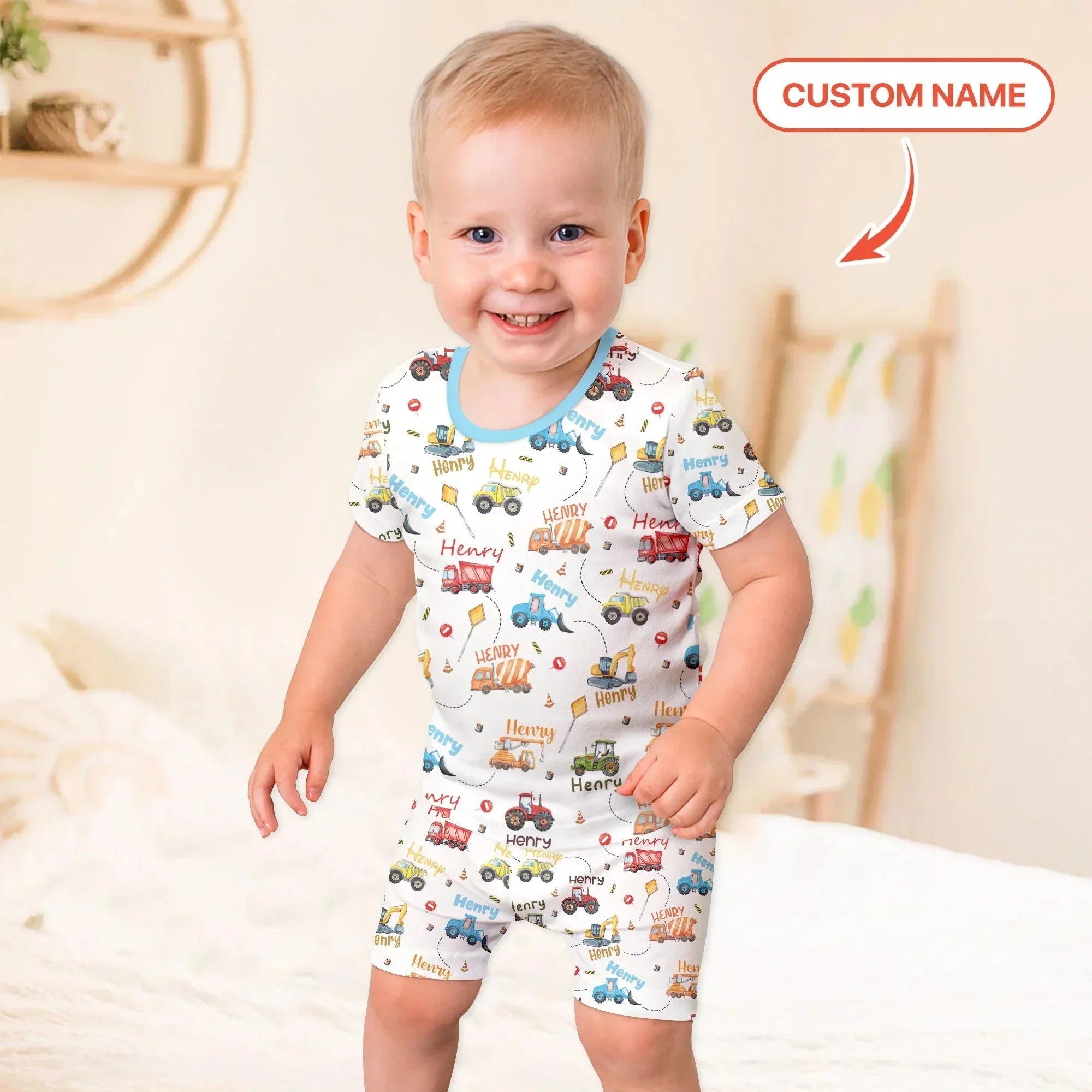 Construction Vehicles Custom Name Bamboo Two Piece Short Sleeve Shorts Pajama Set