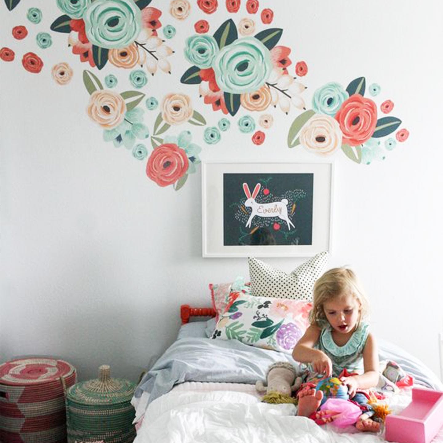 Coral/teal/peach Graphic Flower Wall Decals