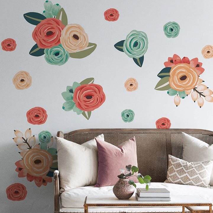 Coral/teal/peach Graphic Flower Wall Decals