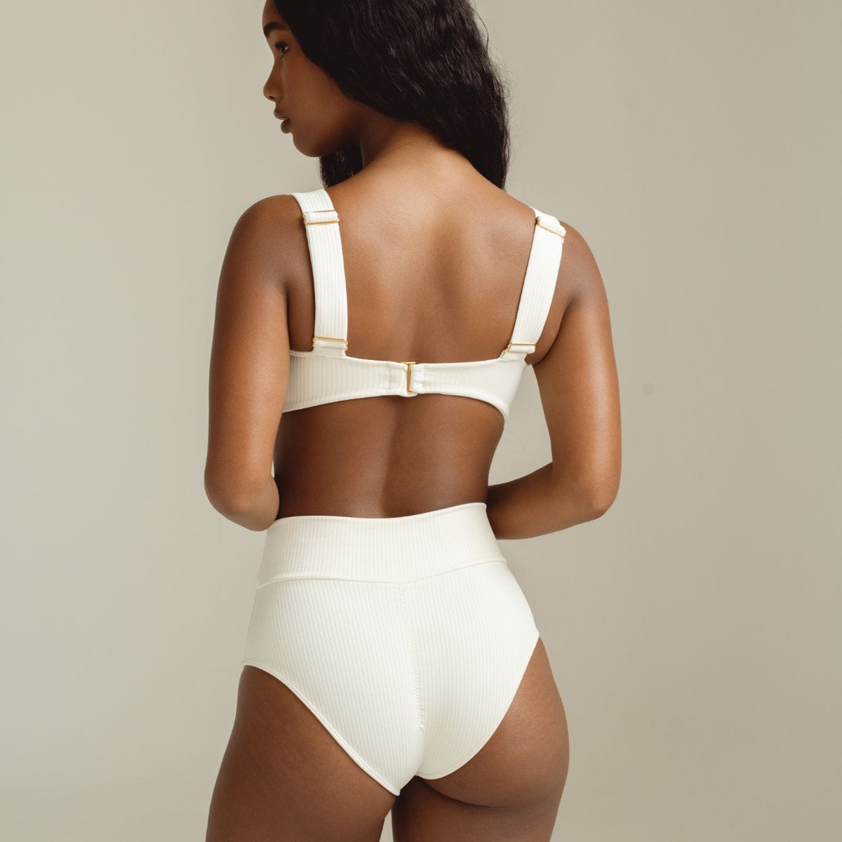 Cream Rib Added Coverage High Rise Bikini Bottom