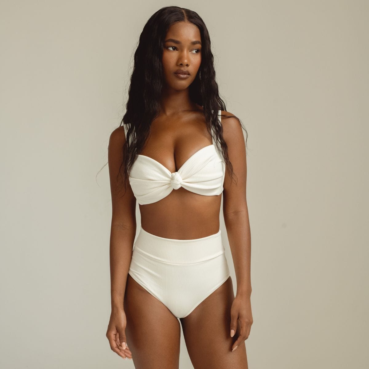 Cream Rib Added Coverage High Rise Bikini Bottom