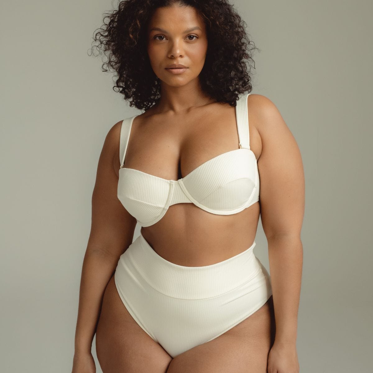 Cream Rib Added Coverage High Rise Bikini Bottom
