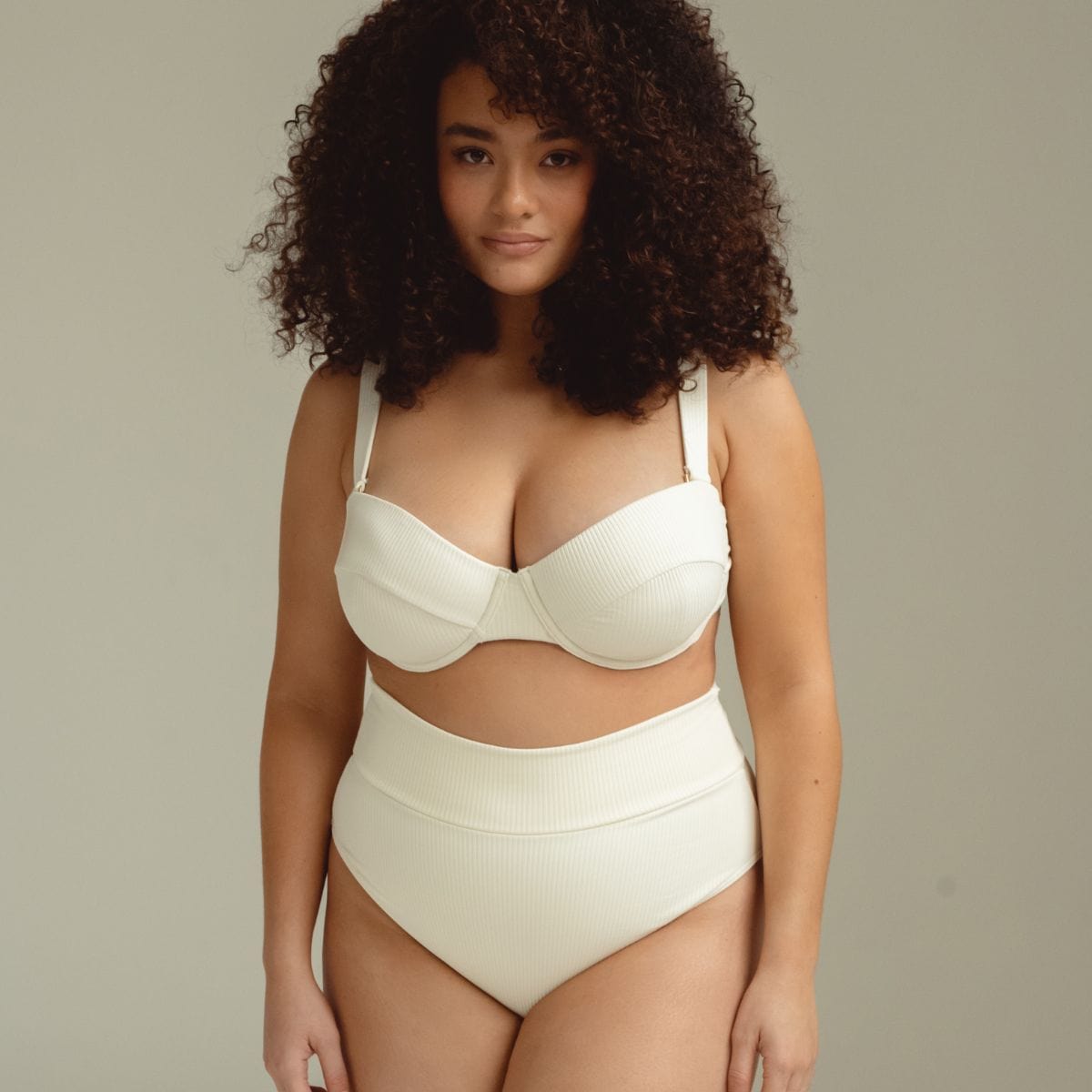 Cream Rib Added Coverage High Rise Bikini Bottom