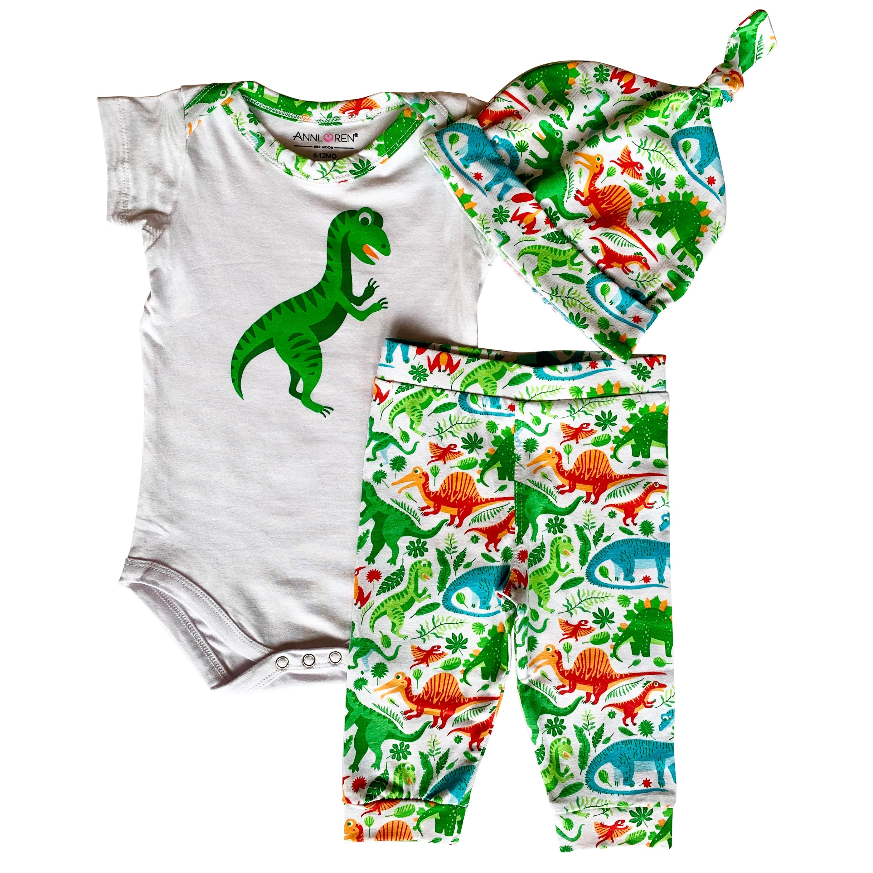 Annloren Baby Layette Boys Dinosaur Onesie Pants Cap 3pc Gift Set Clothing Sizes 3m - 18m