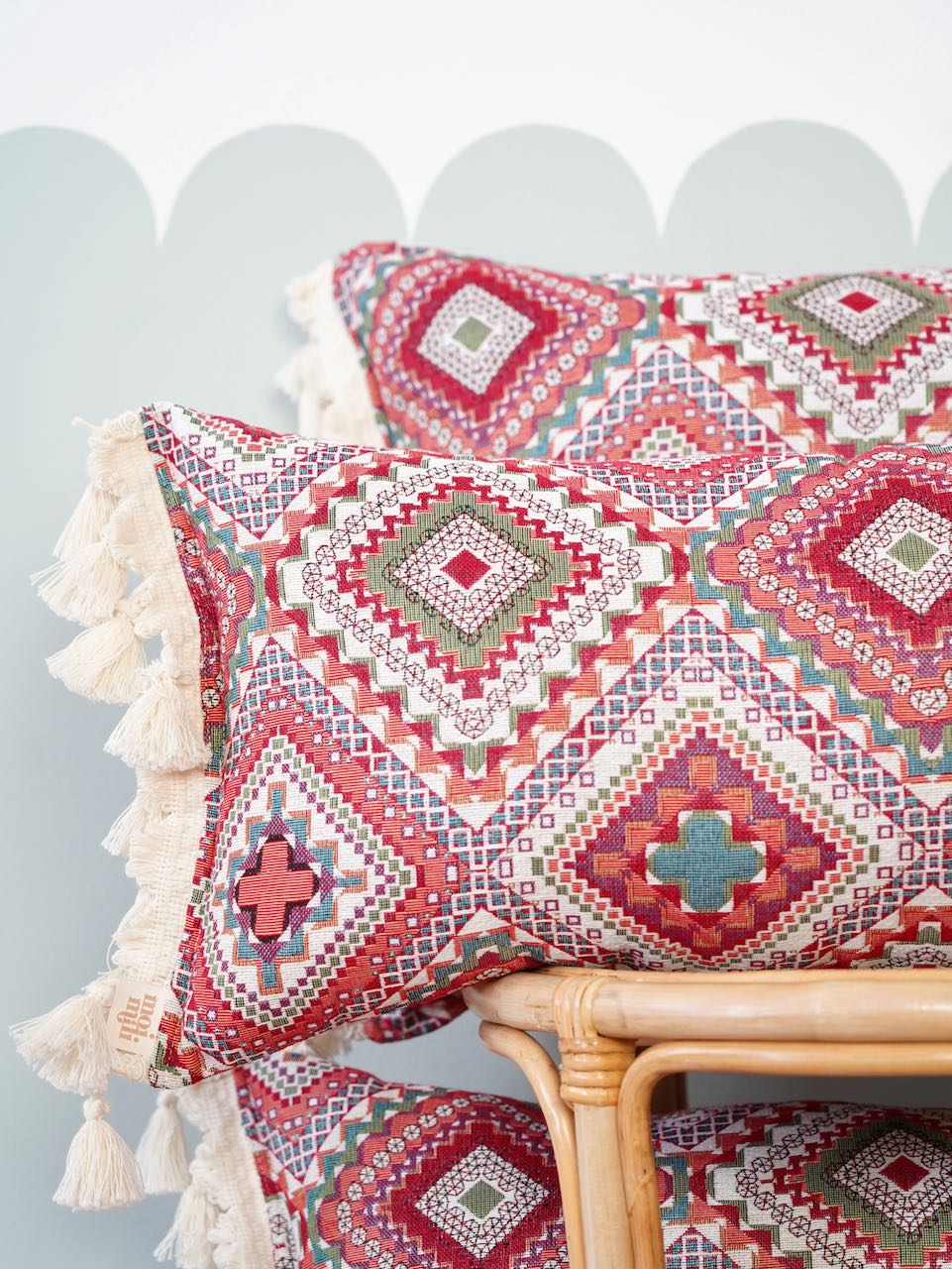 Pink Boho Style - Bolster Pillow With Fringe