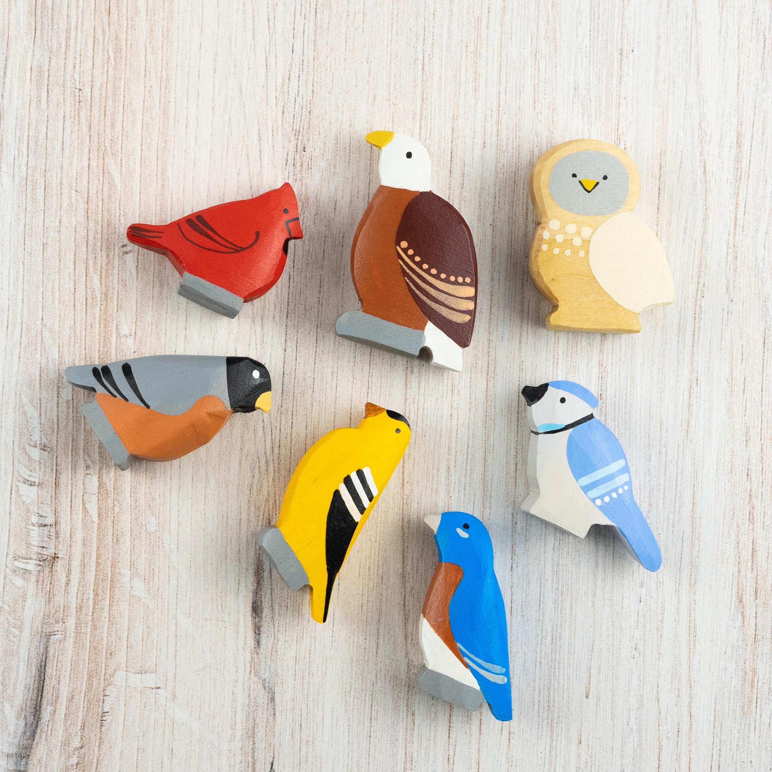Set Of 7 Wooden Bird Figurines