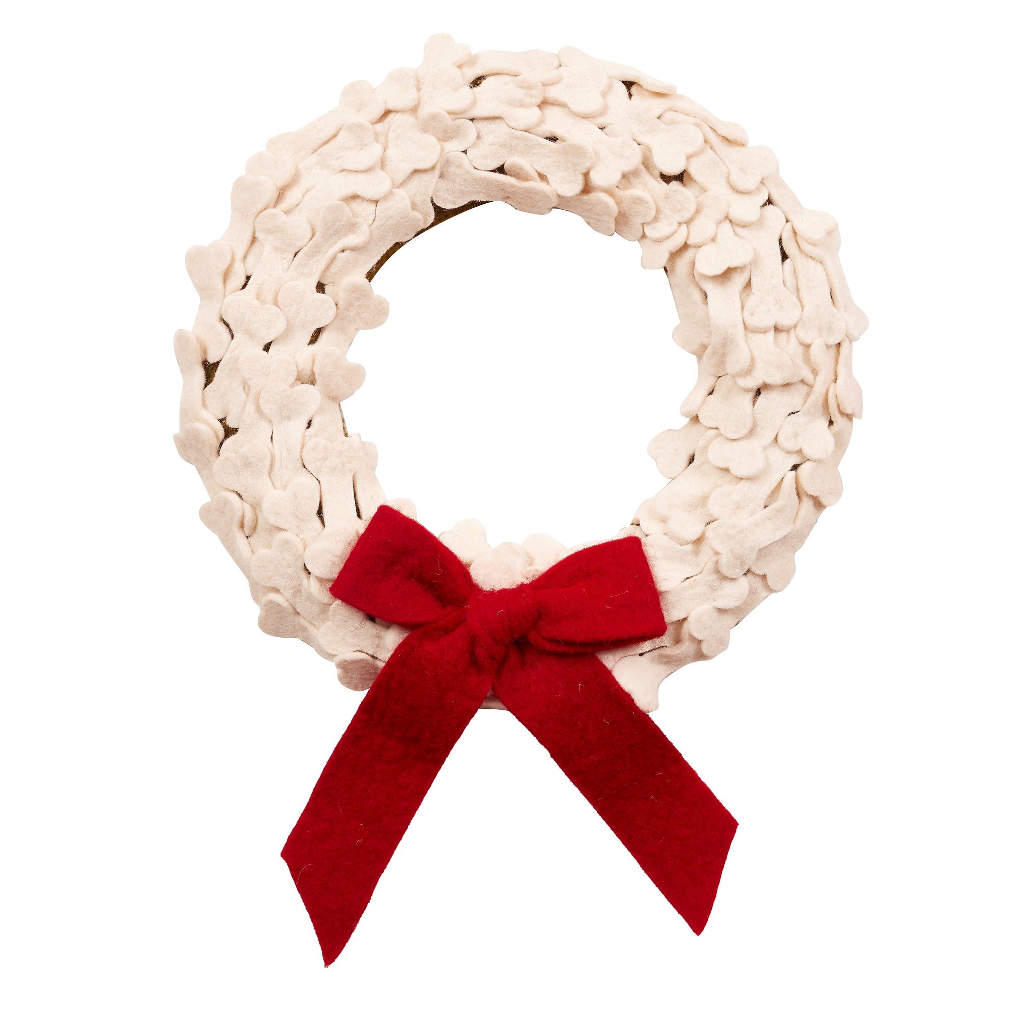 Dog Bones Red Bow Handmade Hand Felted Wool Wreath - 14"