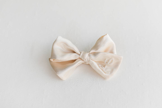 Ivory Satin Oversized Bow With Pearl Initial