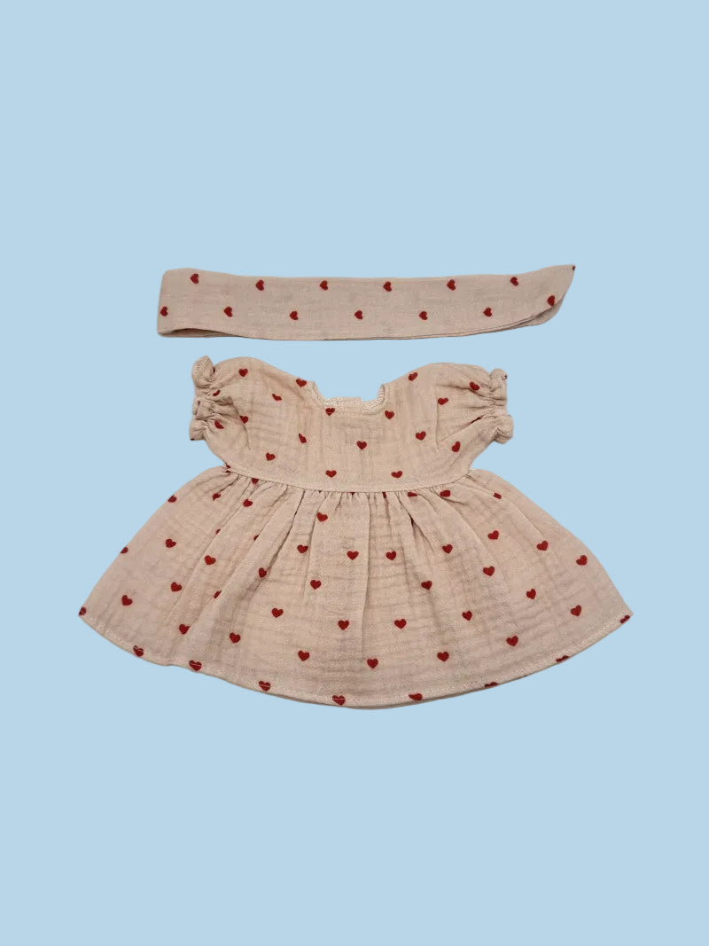 Minikane Doll Clothes | Muslin Dress W/ Headband - Dreamy Mauve Hearts (11" & 13" Dolls)