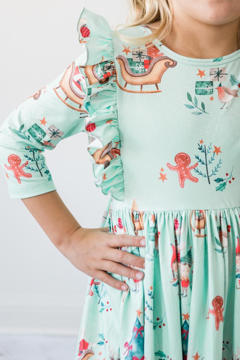 Believe In Your Elf 3/4 Sleeve Ruffle Twirl Dress