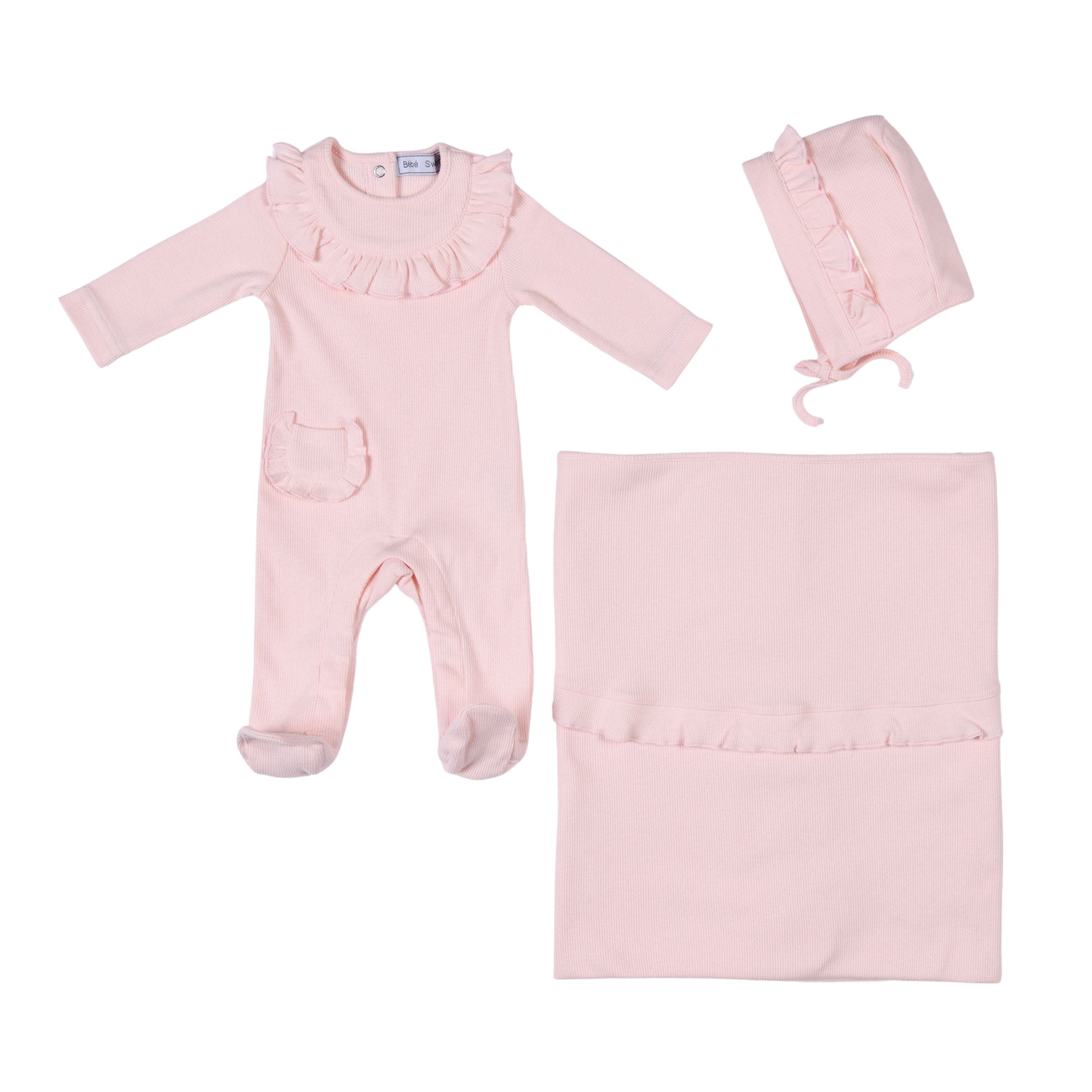 Emilia | Baby Girls Pink Ribbed Cotton All-in-one Set (3)