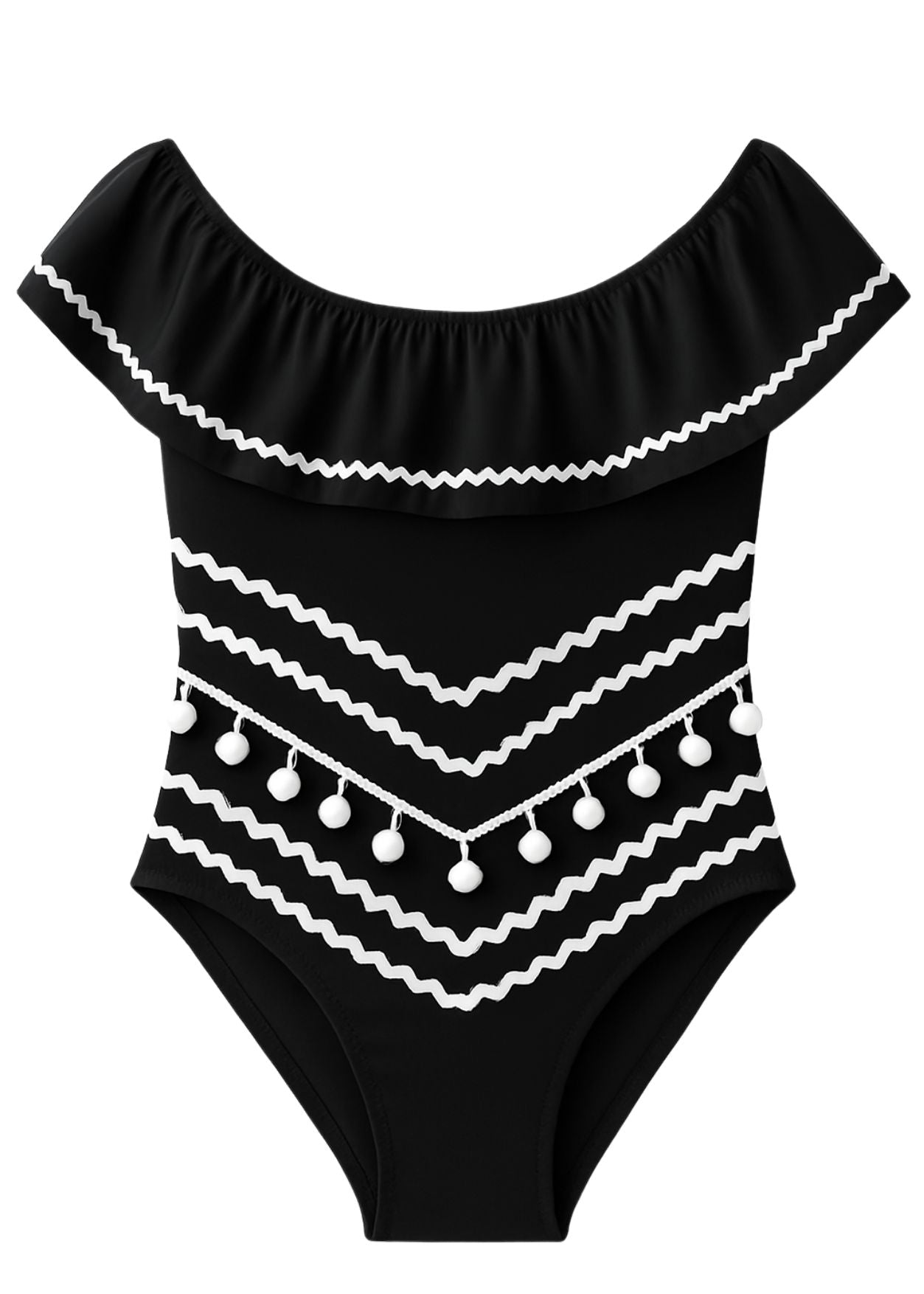 Black Swimsuit With Ric Rac N Pom Poms