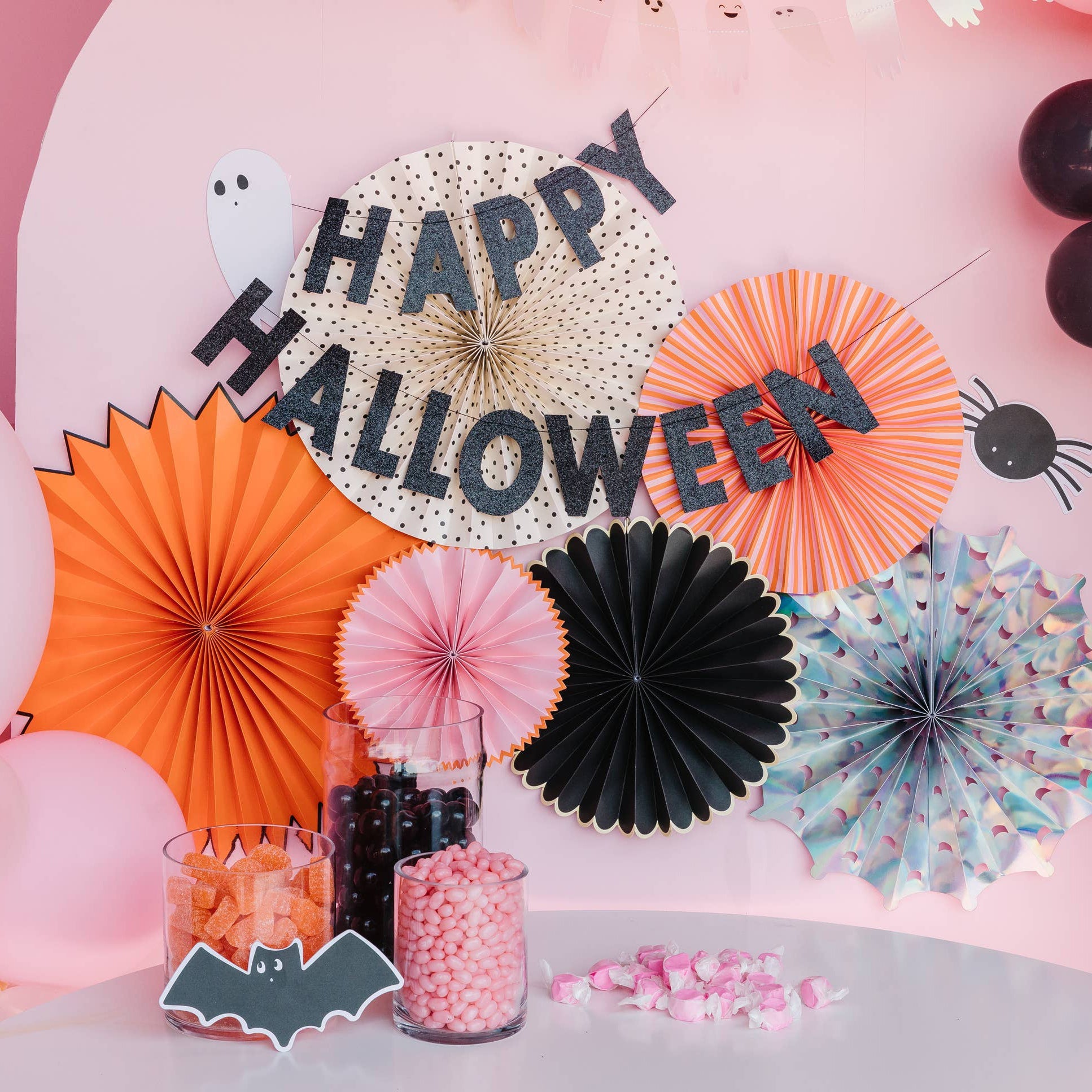 Pink, Black & Orange Halloween Paper Fan Set – 6ct