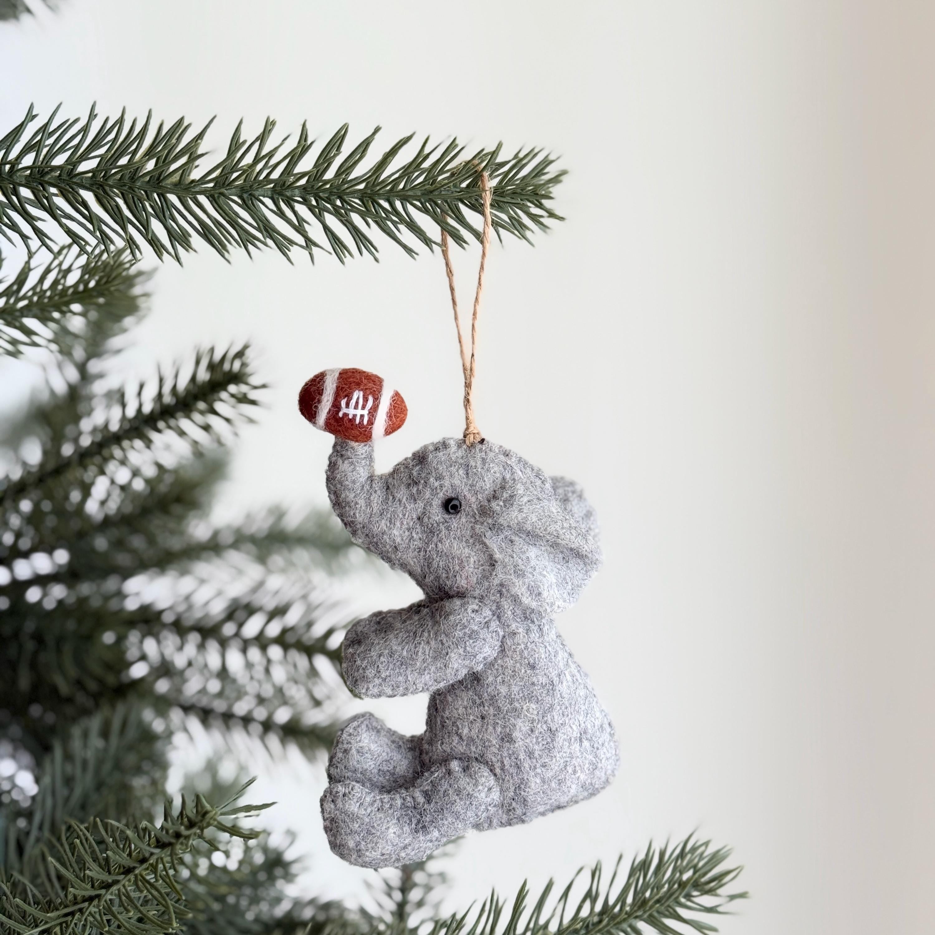 Felt Elephant With Football Christmas Ornament