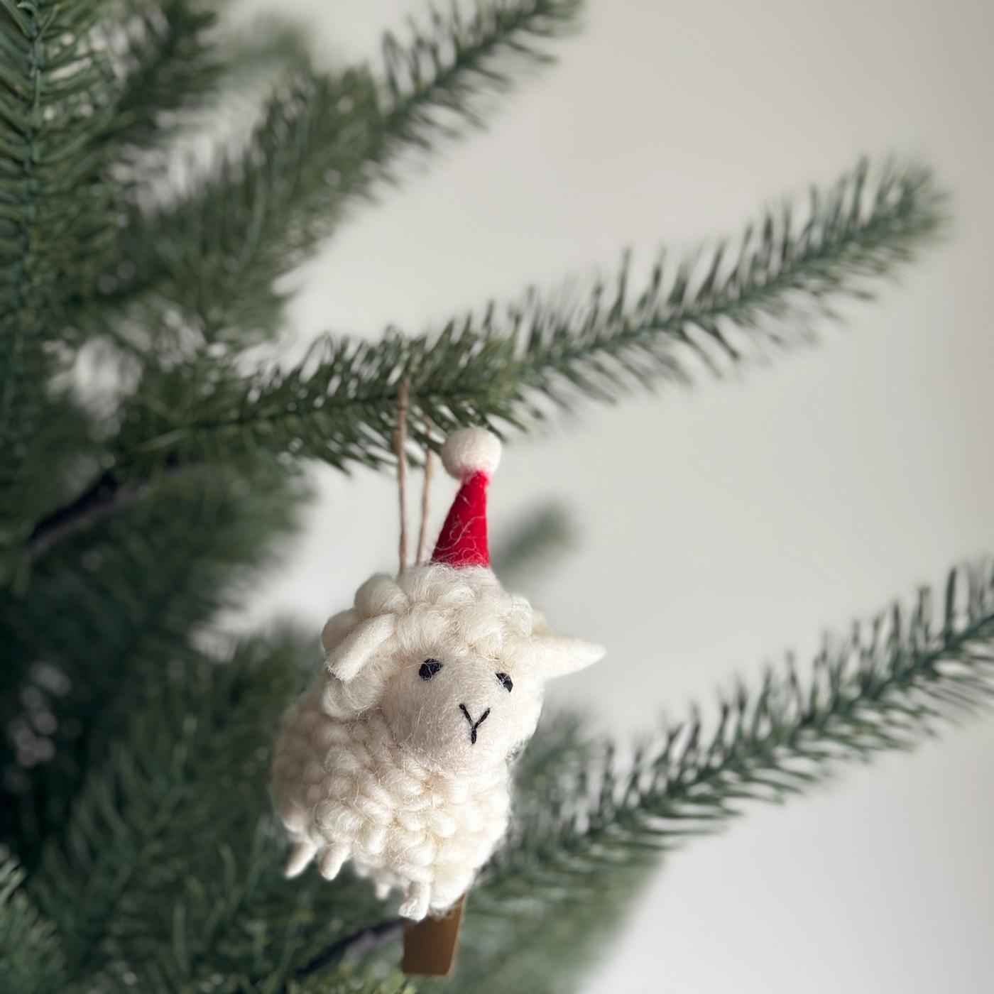 Felt Sheep Ornament With Christmas Hat