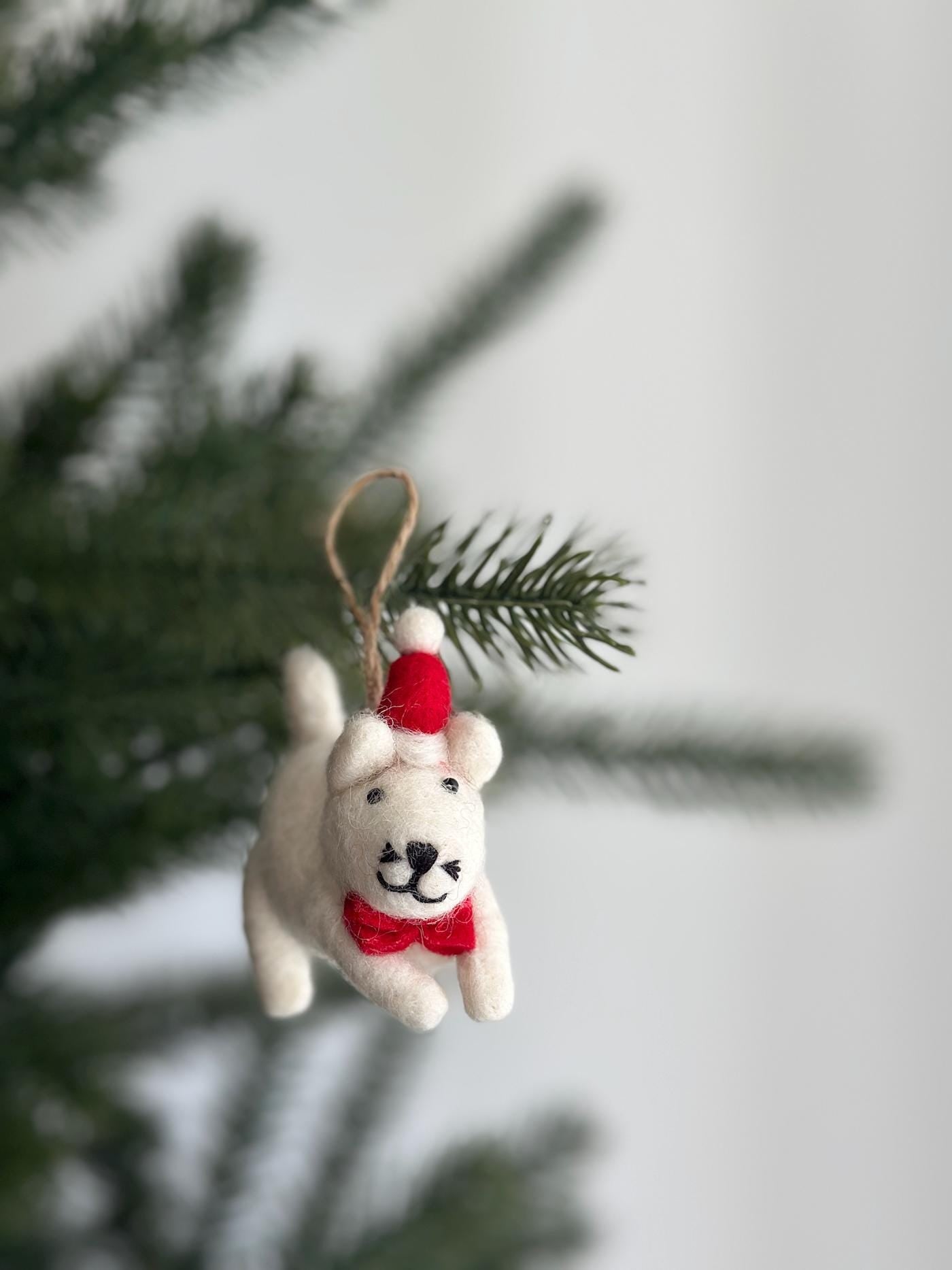 Felt White Cat In Christmas Hat Ornament