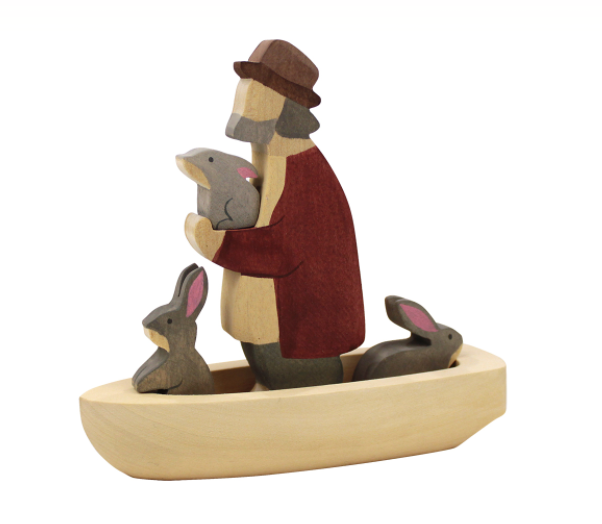 Wooden Boat Set With Grandpa And Bunnies Figurines