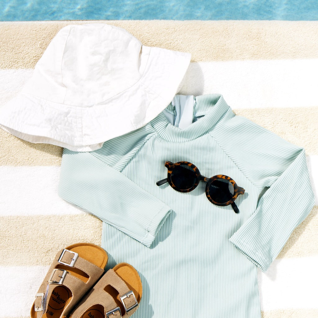 Ribbed Long-sleeve Rash Guard Swimsuit With Shorts · Mint Color