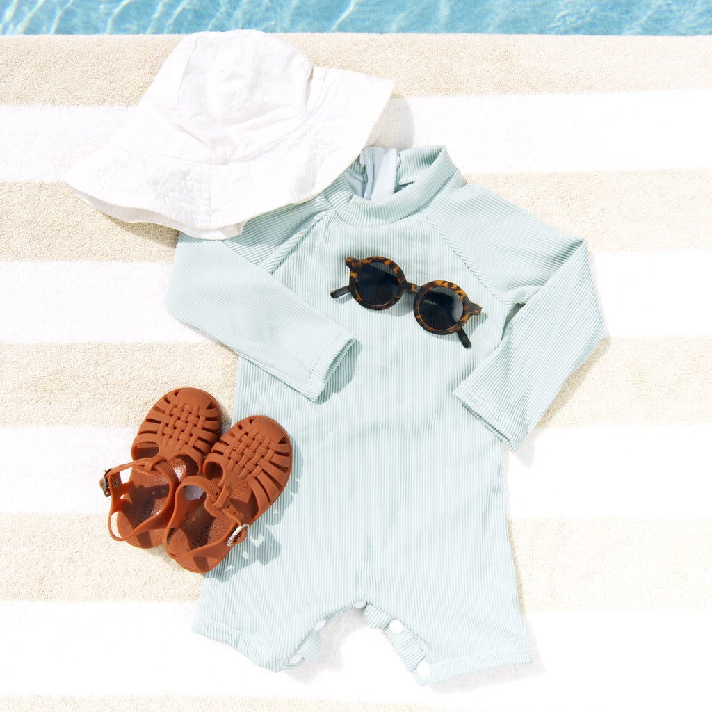 Ribbed Long-sleeve Rash Guard Swimsuit With Shorts · Mint Color