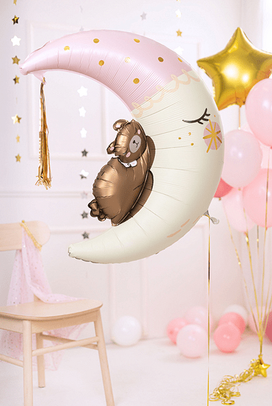 Foil Teddy Bear On The Moon Balloon - Light Pink With Gold Tassel | 28x34 Inches
