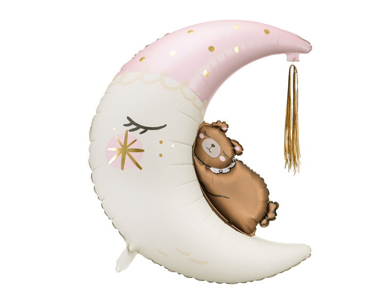 Foil Teddy Bear On The Moon Balloon - Light Pink With Gold Tassel | 28x34 Inches